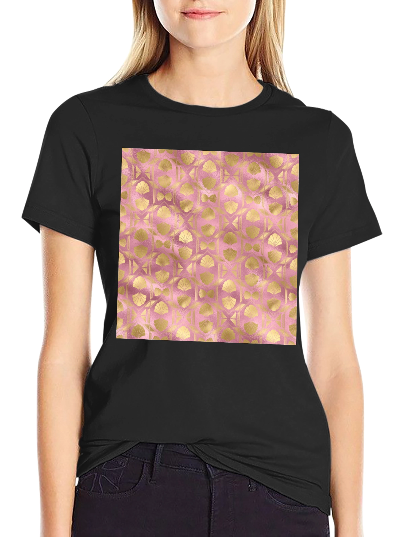 Gold Art Deco Pattern Black T-Shirt