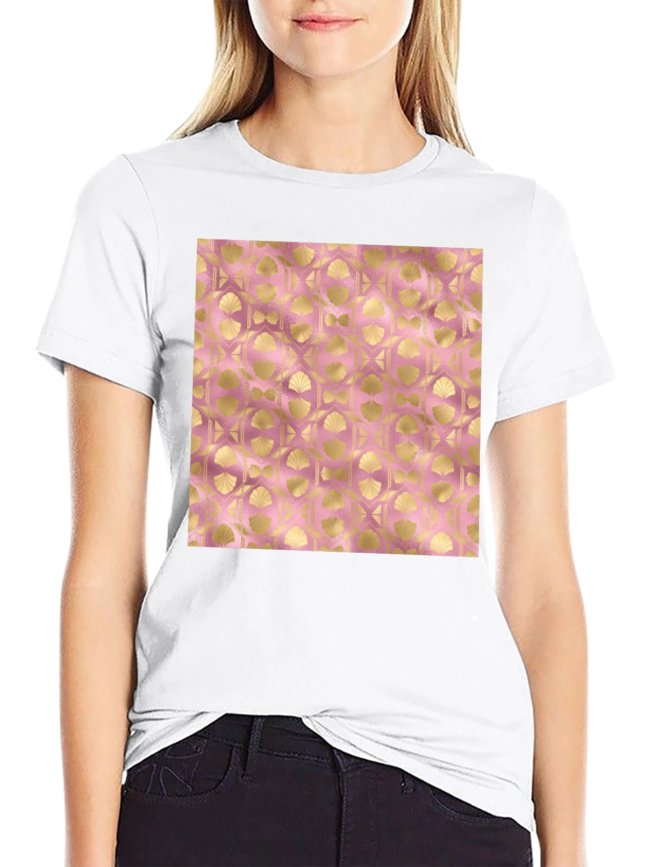 Gold Art Deco Pattern Black T-Shirt