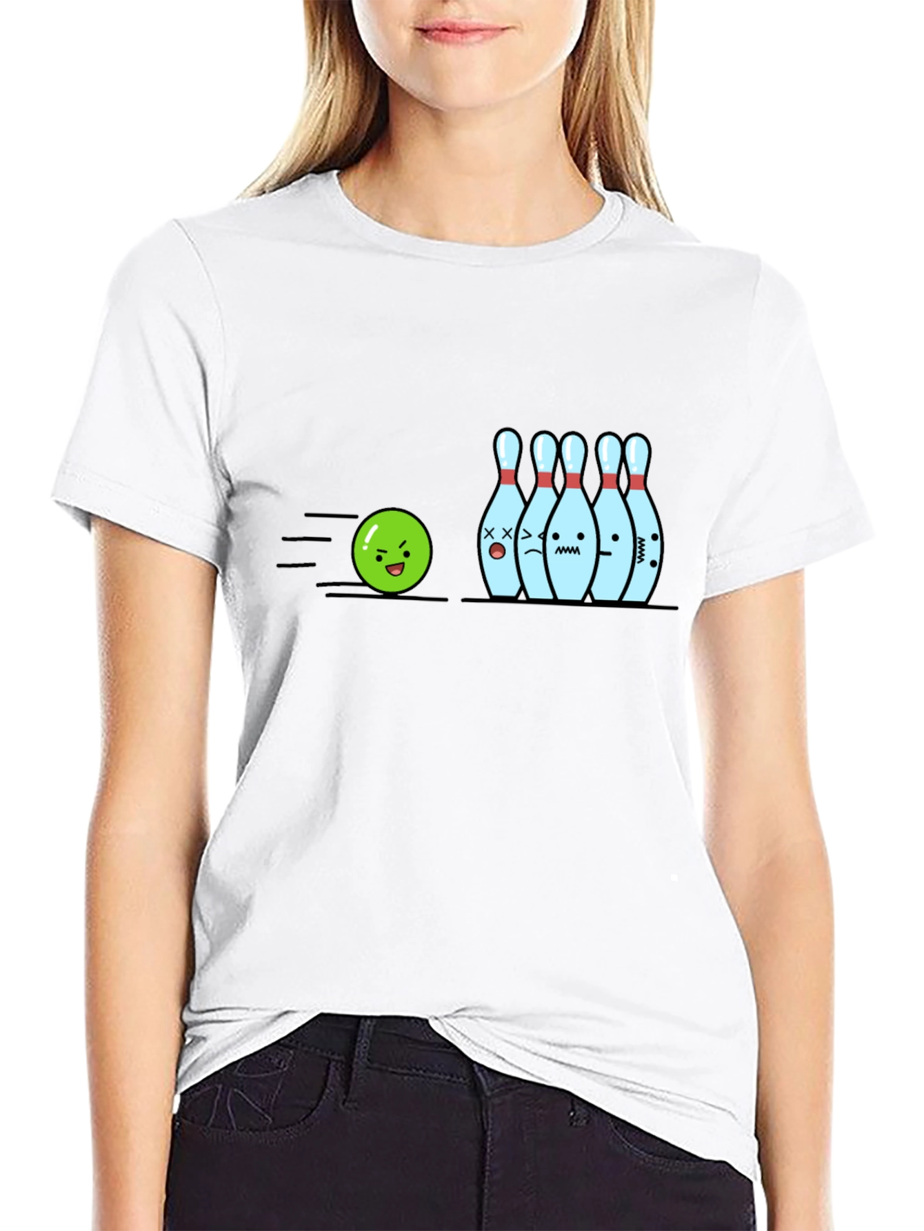 Bowling Strike Cartoon Graphic Tee - Black