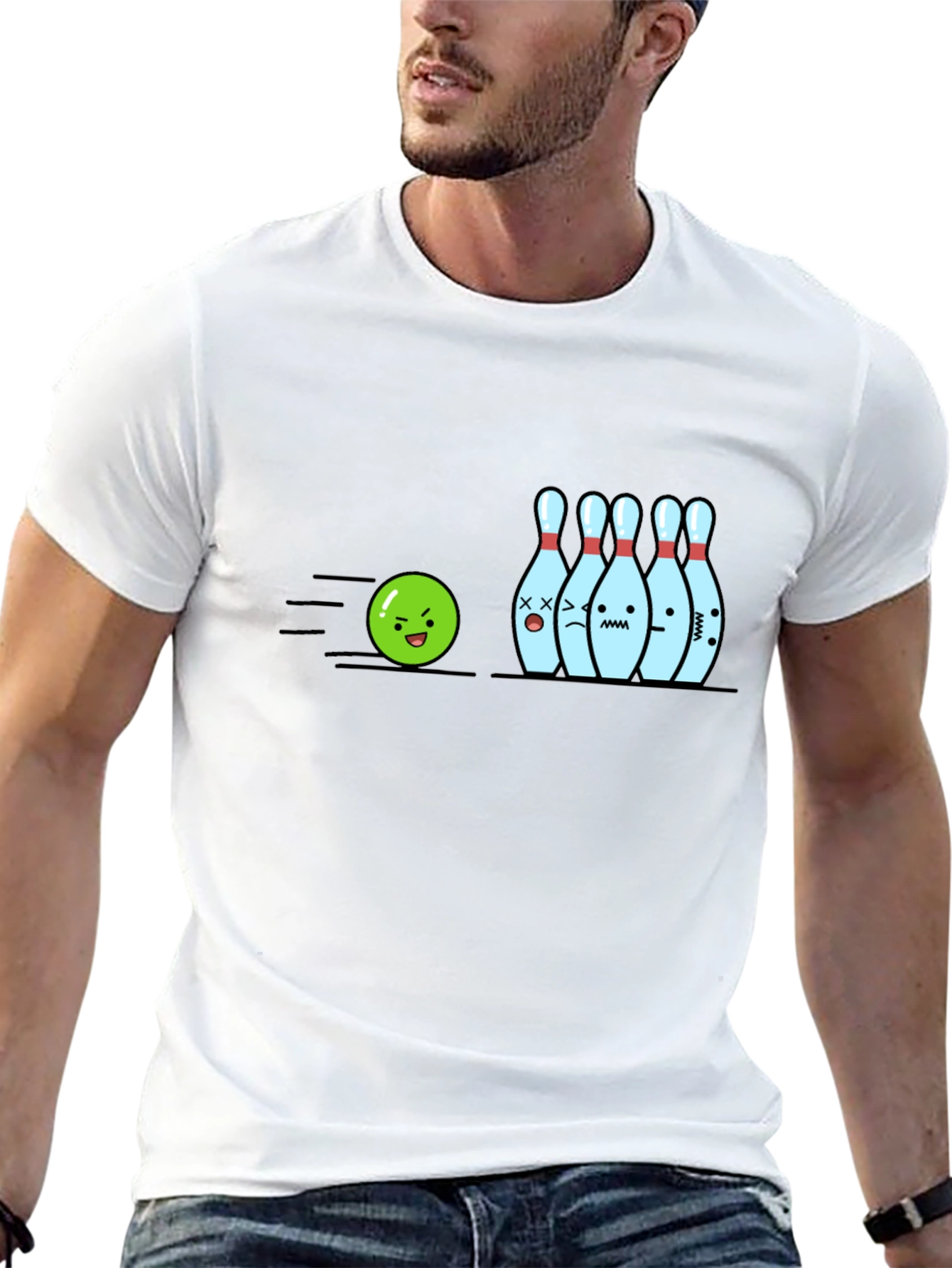 Bowling Strike Cartoon Graphic Tee - Black