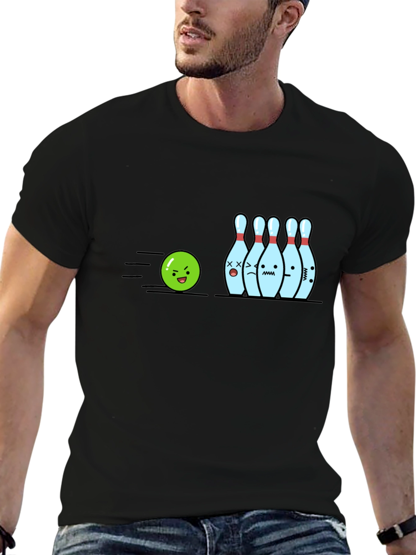 Bowling Strike Cartoon Graphic Tee - Black
