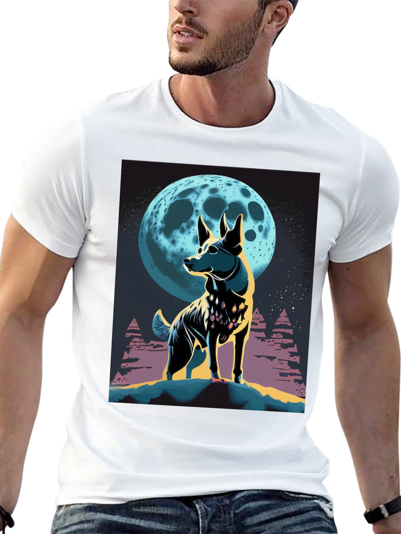 Dog Moon Graphic Tee - Stylish Mens Black T-Shirt