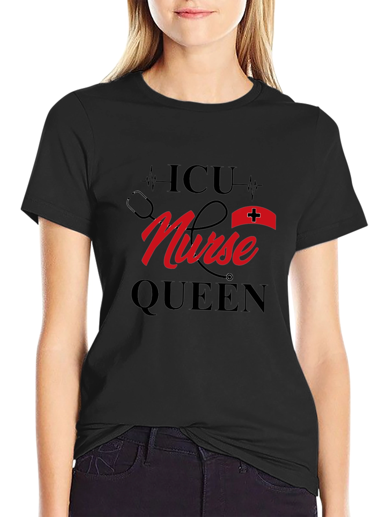 ICU Nurse Queen Black Graphic T-Shirt