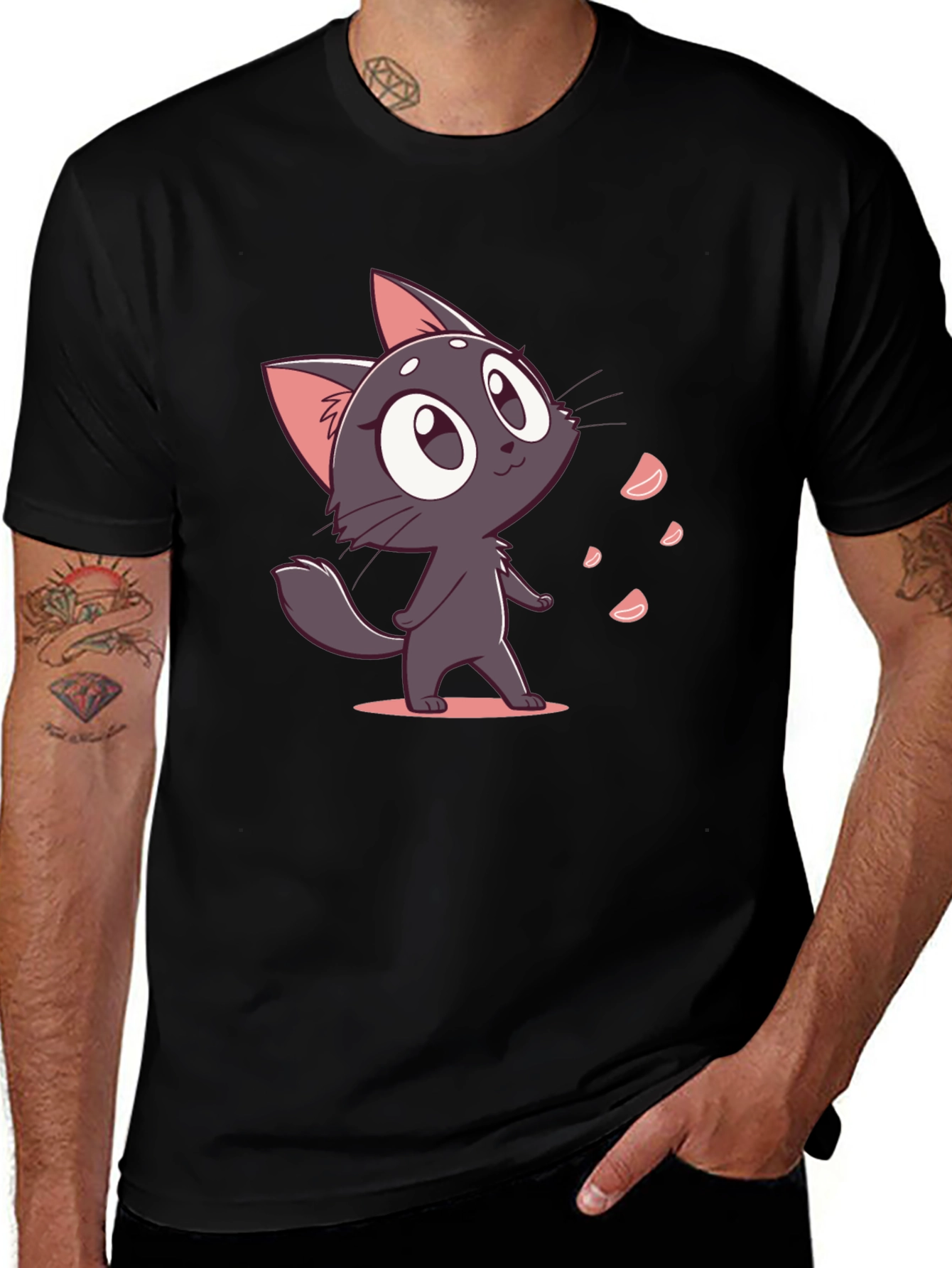 Cute Cartoon Cat Black T-Shirt