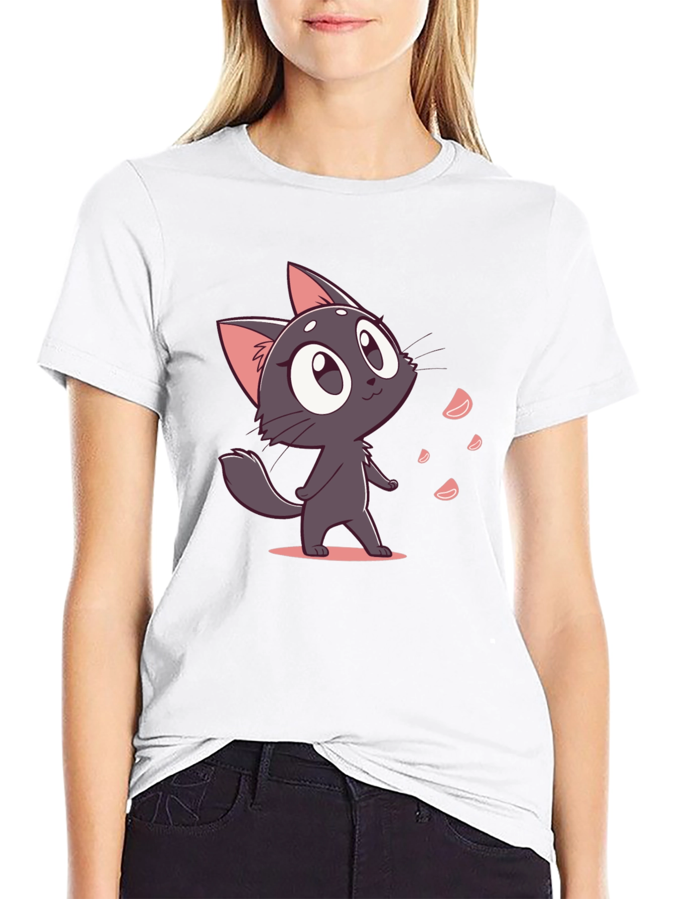 Cute Cartoon Cat Black T-Shirt