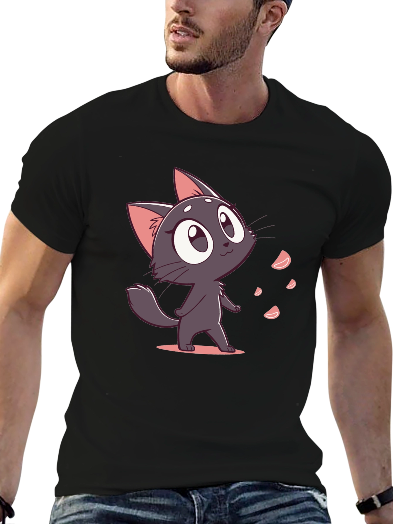 Cute Cartoon Cat Black T-Shirt