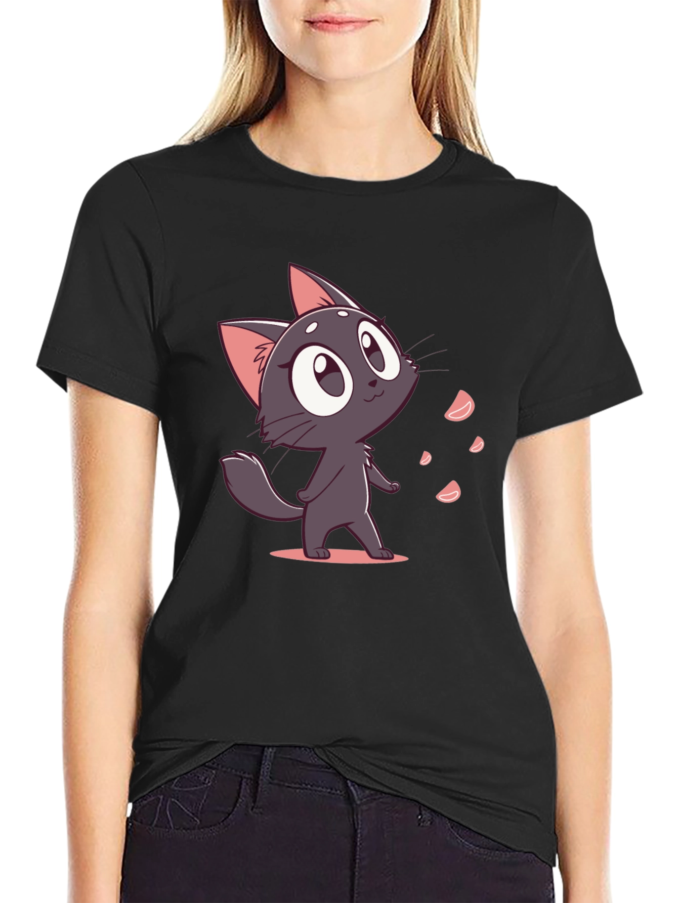 Cute Cartoon Cat Black T-Shirt