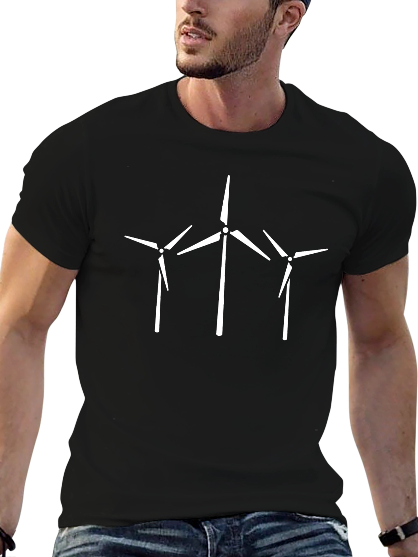 Wind Turbine Graphic Tee - Black Cotton Shirt