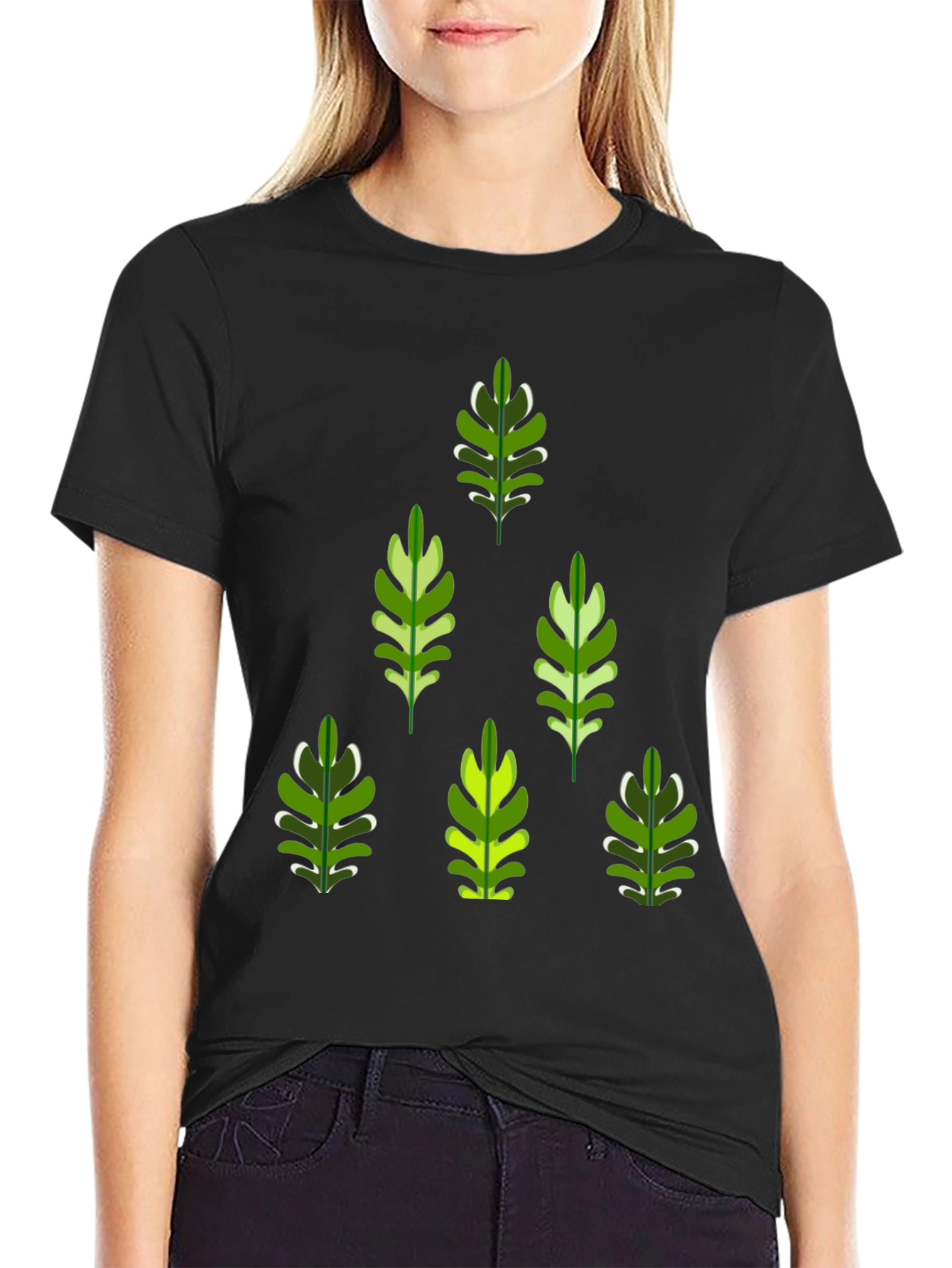 Leaf Patterned Black T-Shirt