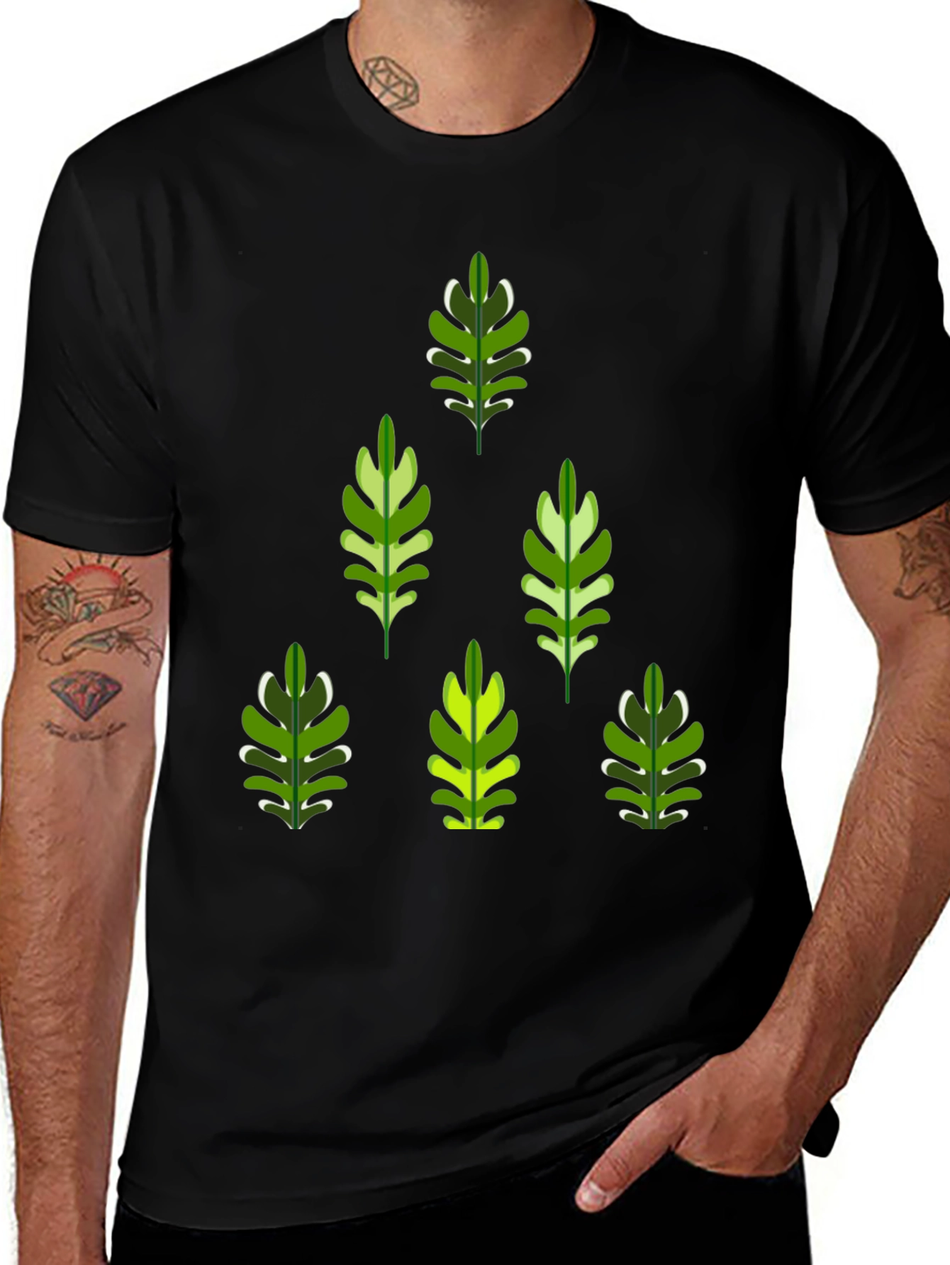 Leaf Patterned Black T-Shirt