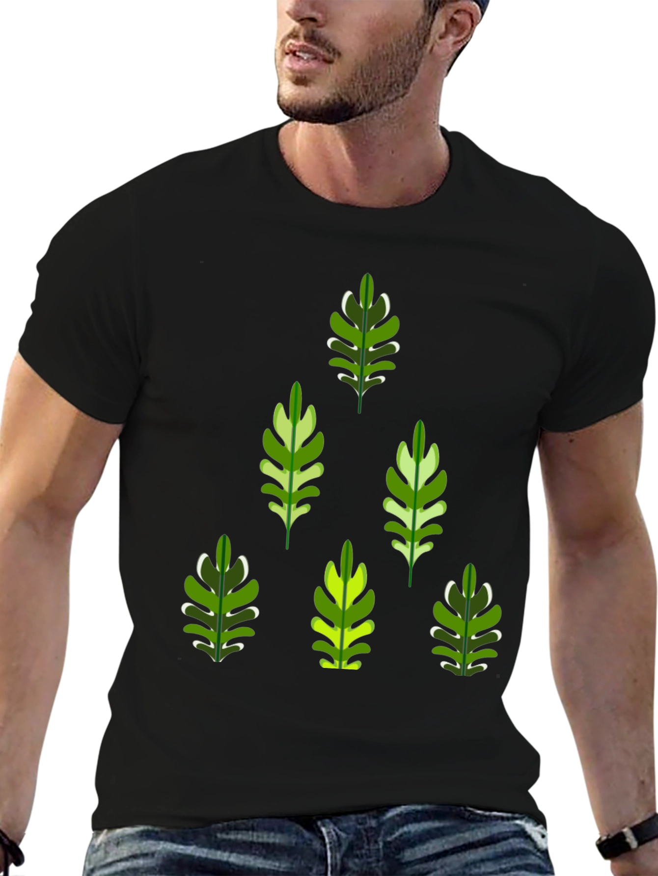 Leaf Patterned Black T-Shirt