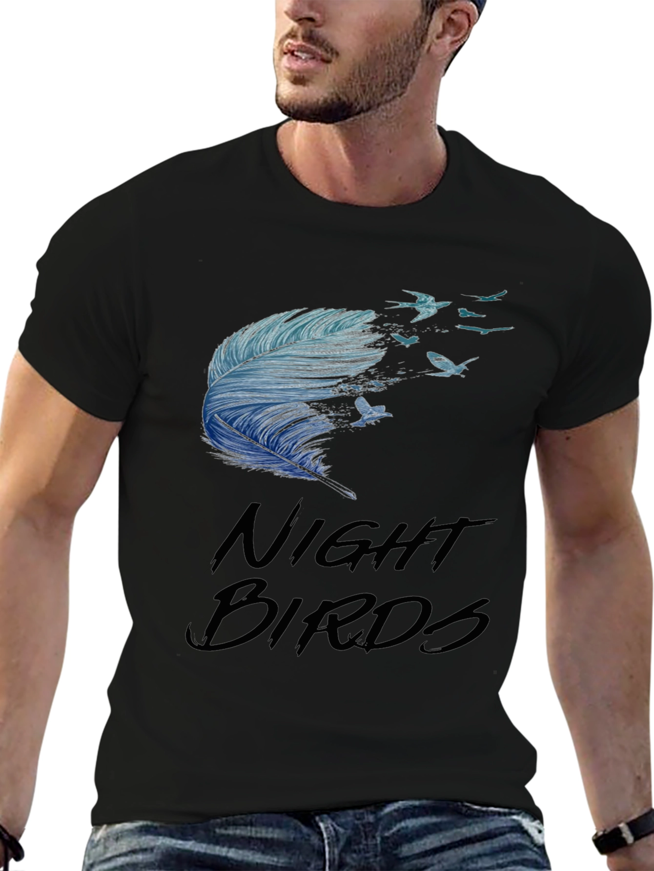 Night Birds Feather Graphic Tee - Casual Black T-Shirt