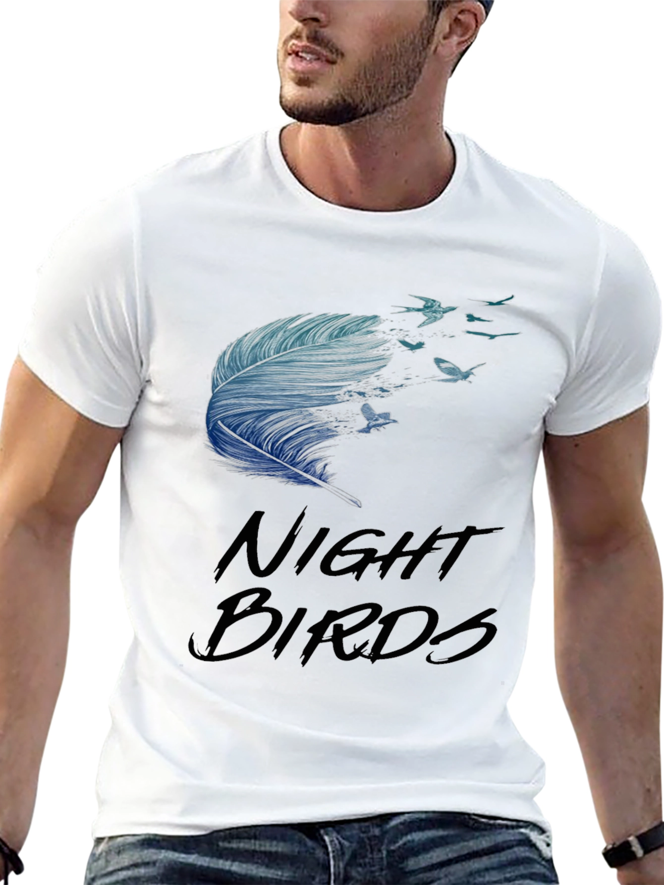 Night Birds Feather Graphic Tee - Casual Black T-Shirt