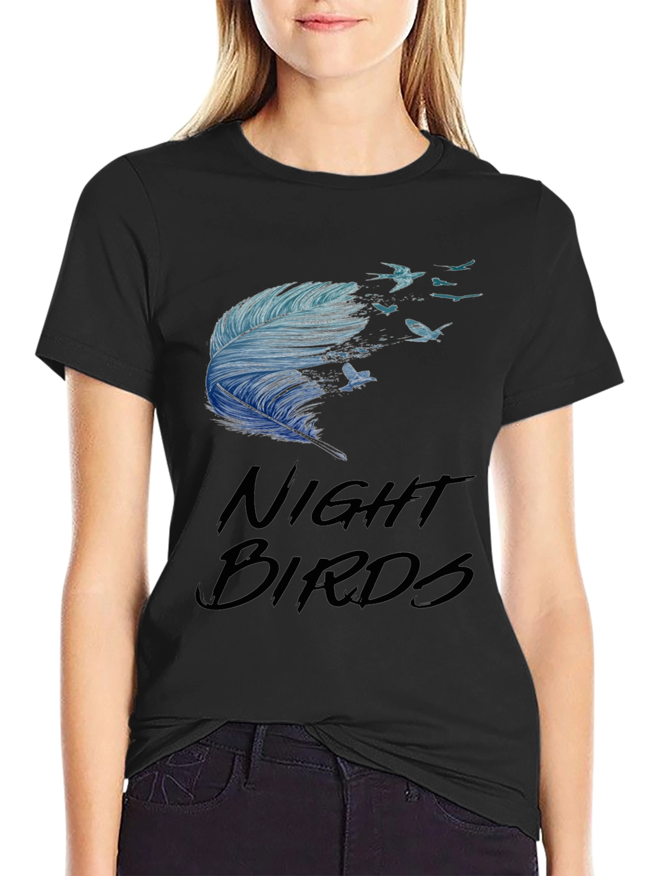 Night Birds Feather Graphic Tee - Casual Black T-Shirt