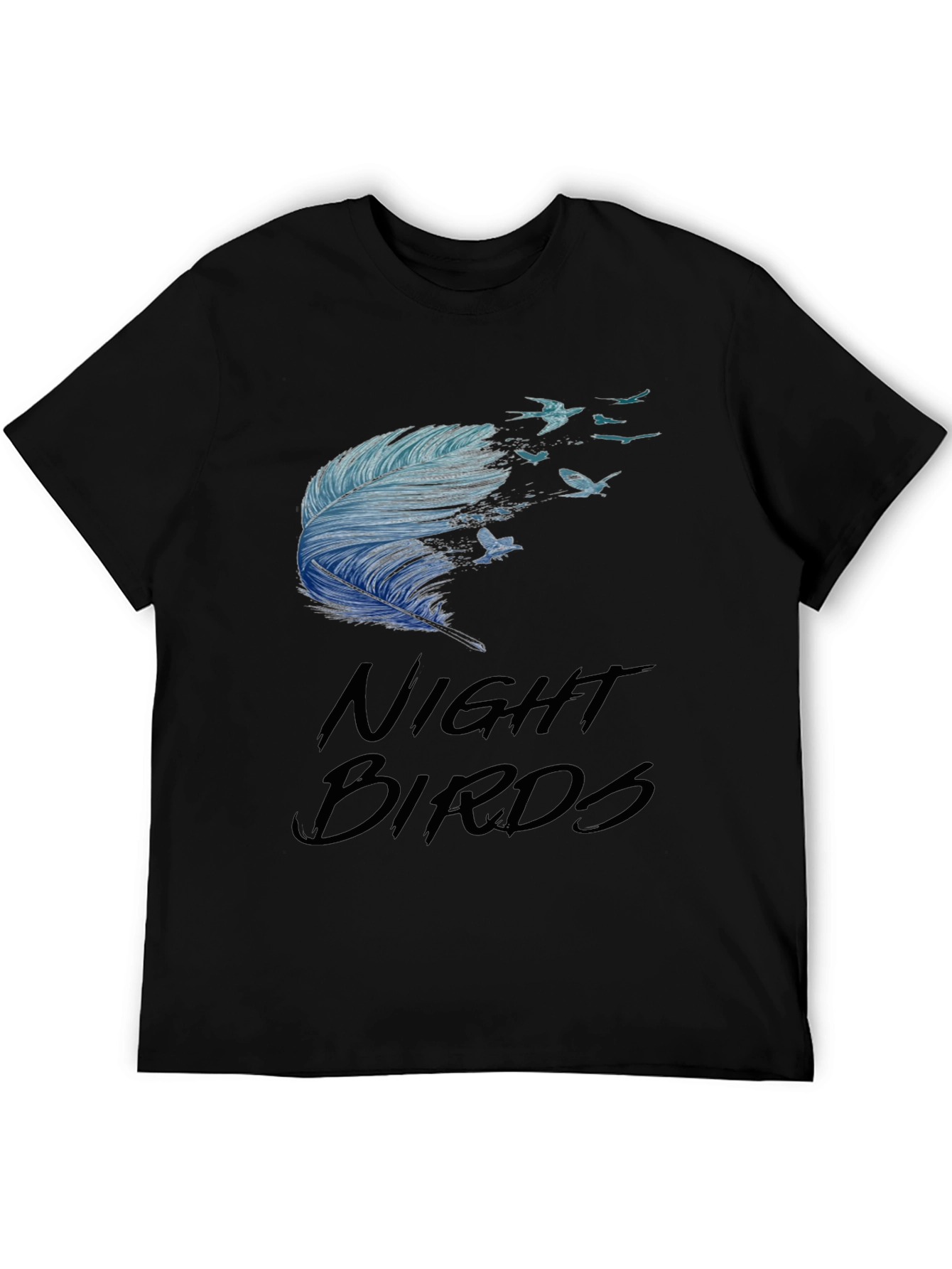 Night Birds Feather Graphic Tee - Casual Black T-Shirt