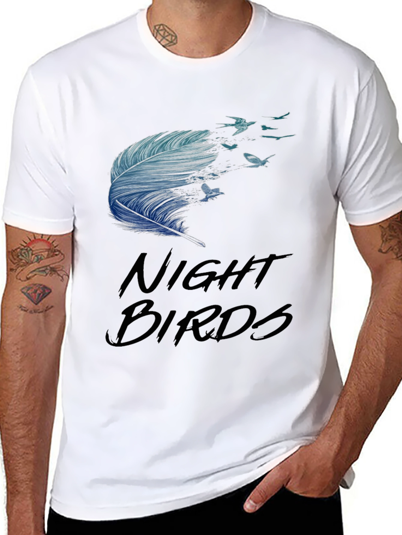 Night Birds Feather Graphic Tee - Casual Black T-Shirt