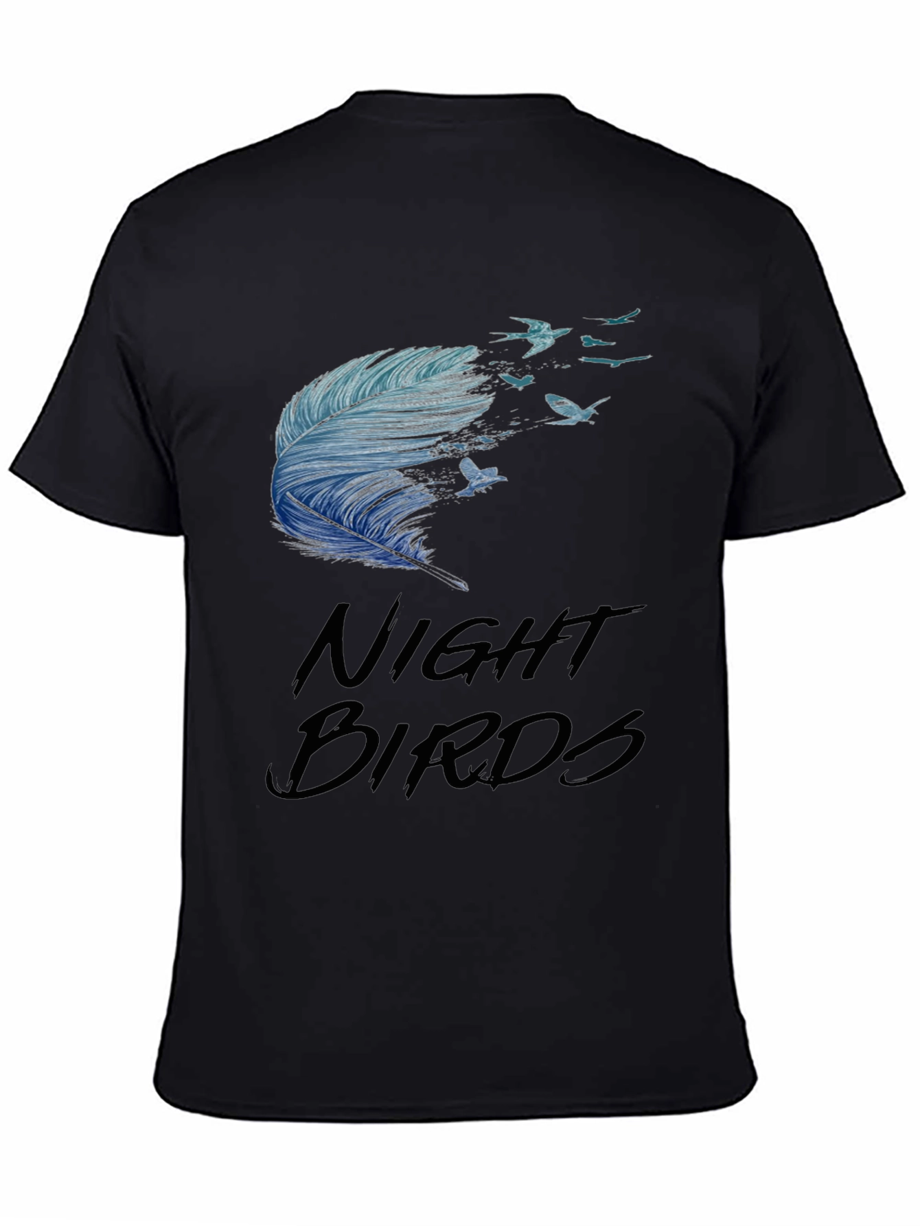Night Birds Feather Graphic Tee - Casual Black T-Shirt