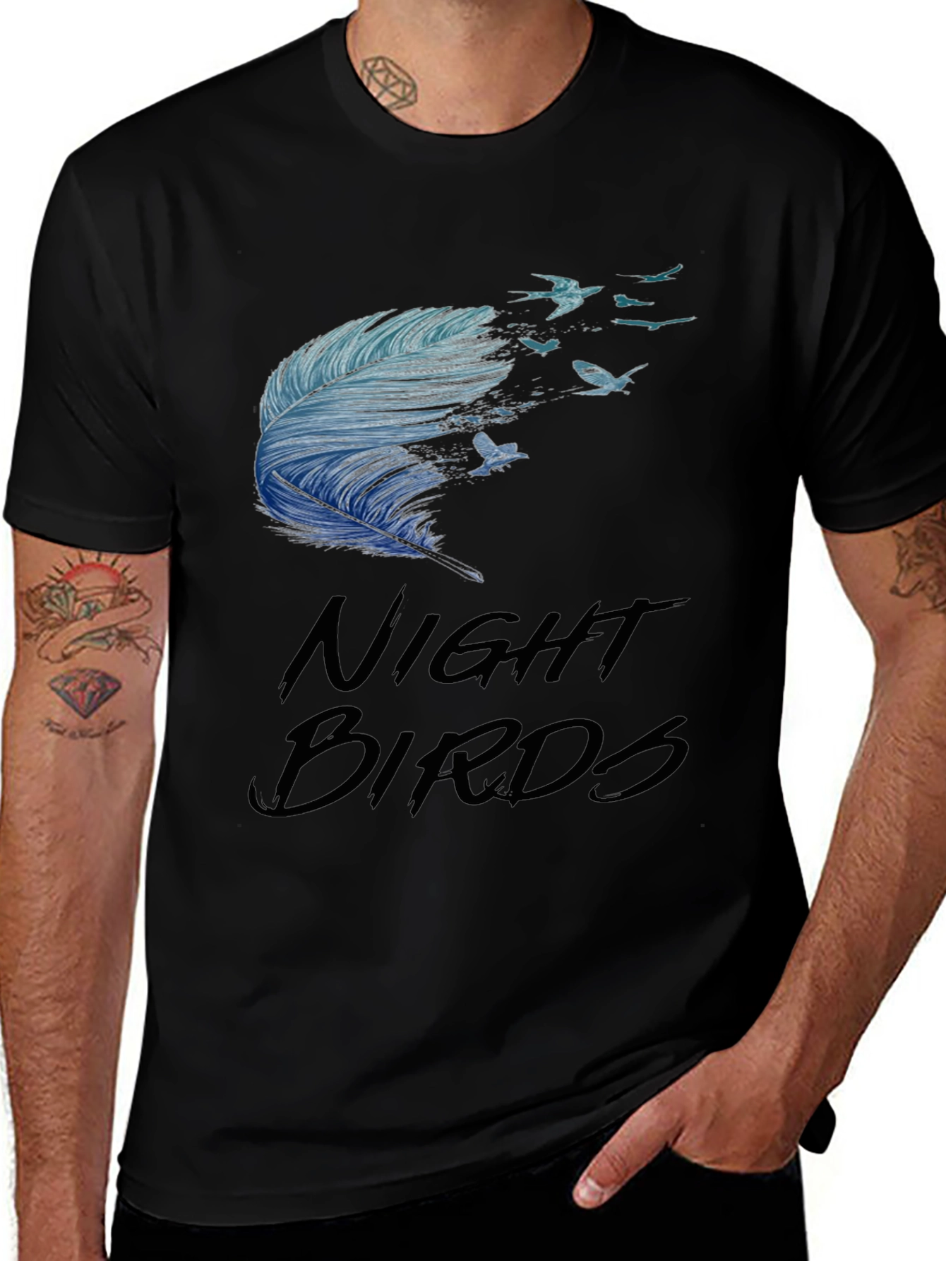 Night Birds Feather Graphic Tee - Casual Black T-Shirt
