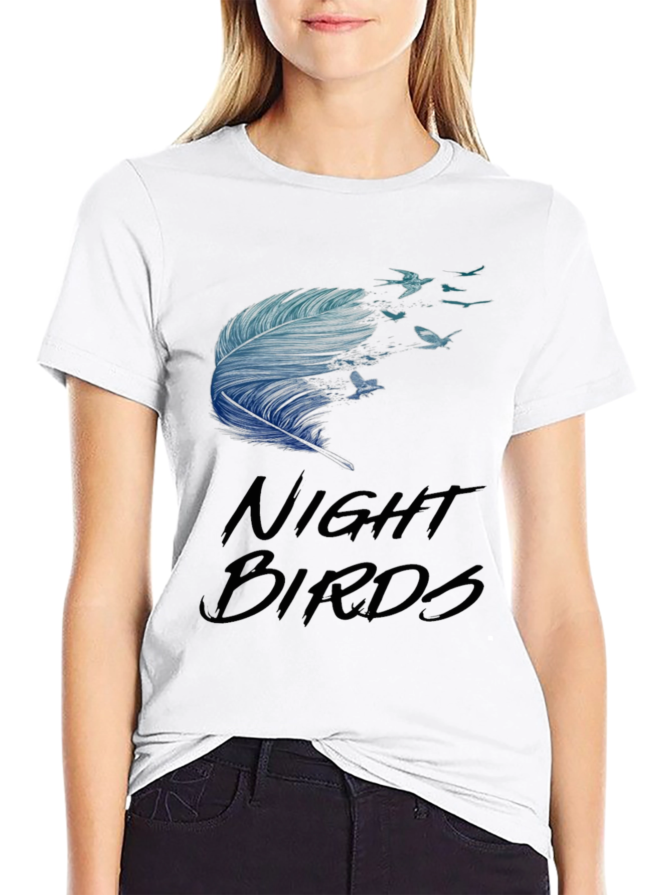 Night Birds Feather Graphic Tee - Casual Black T-Shirt