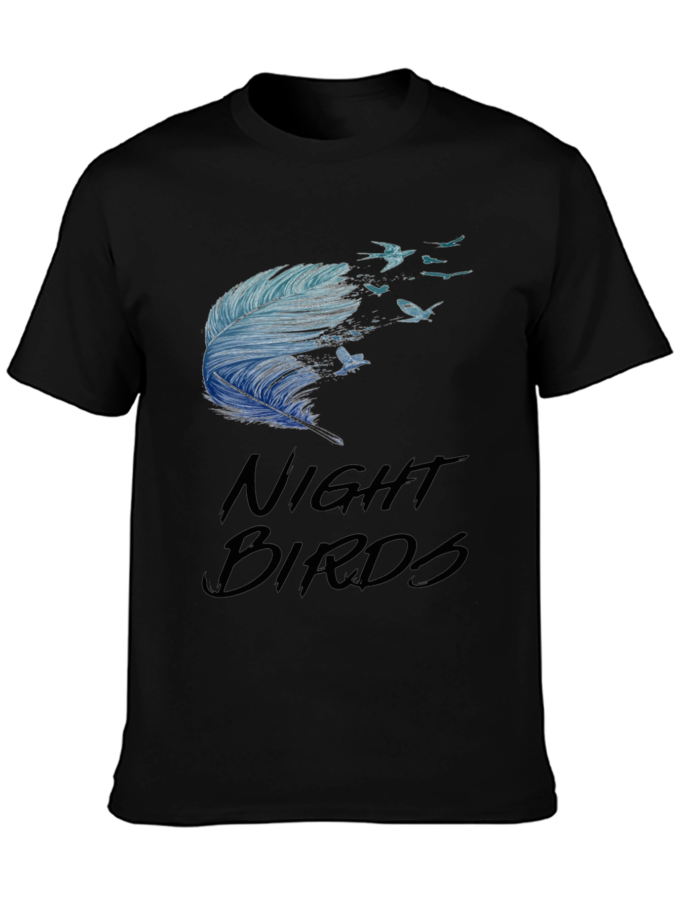 Night Birds Feather Graphic Tee - Casual Black T-Shirt