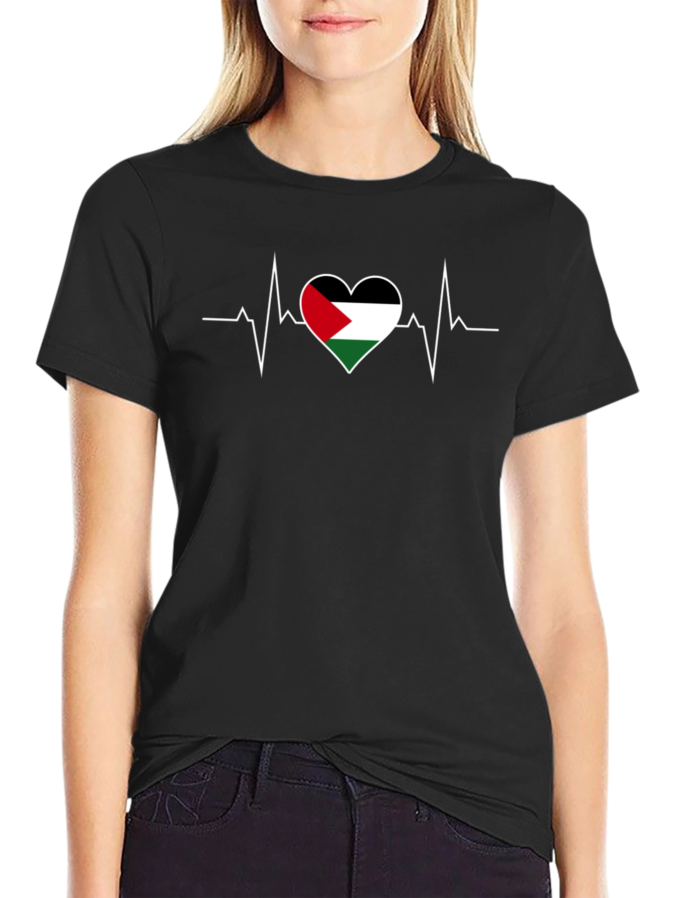 Palestine Flag Heartbeat T-Shirt - Black