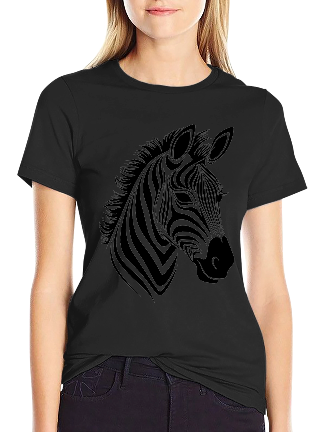 Stylish Zebra Graphic Tee - Black Cotton Blend