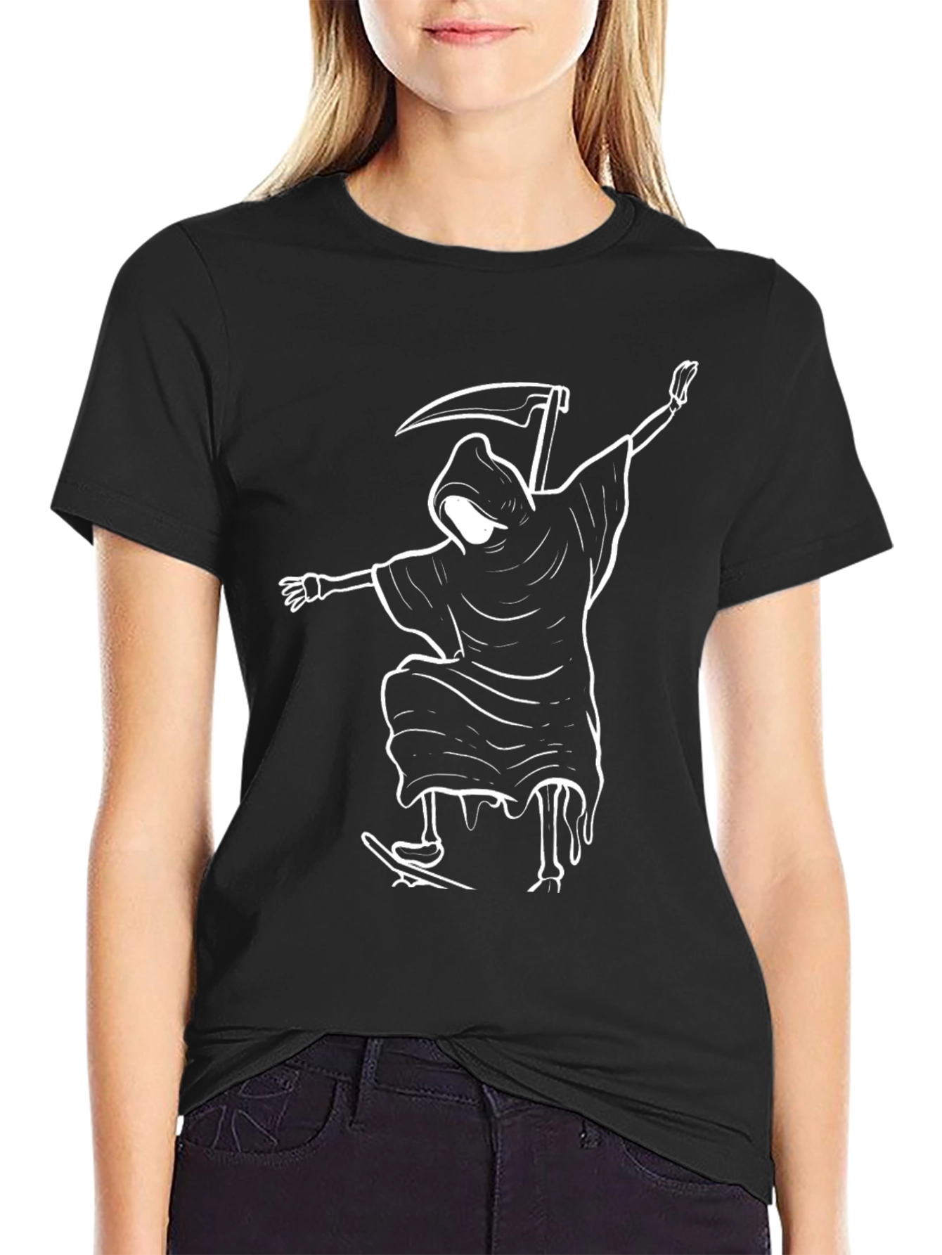 Grim Reaper Skateboard Graphic Tee - Black Cotton Blend