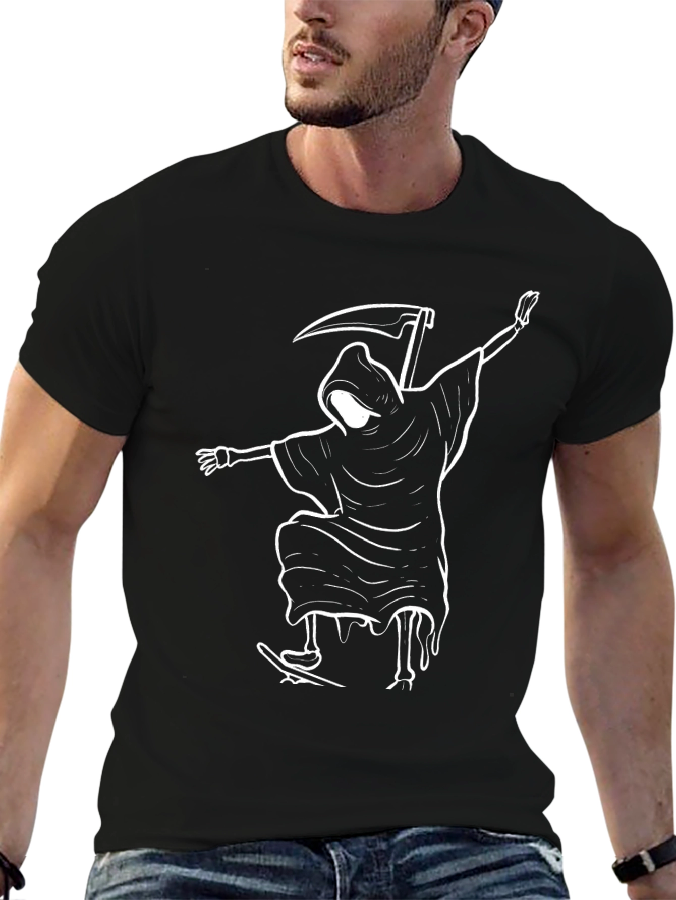 Grim Reaper Skateboard Graphic Tee - Black Cotton Blend