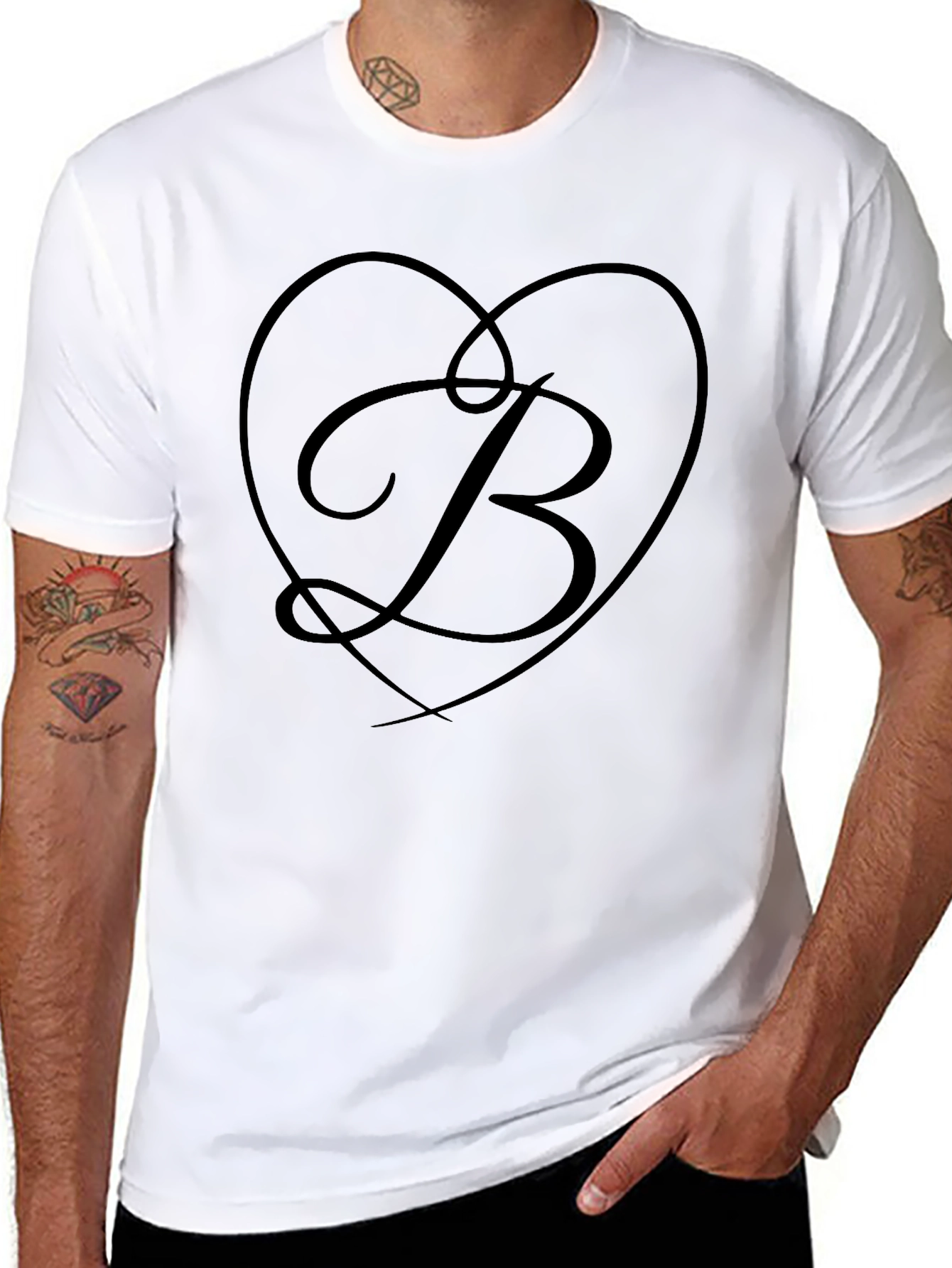 Elegant Black Tee with Heart Initial B Design