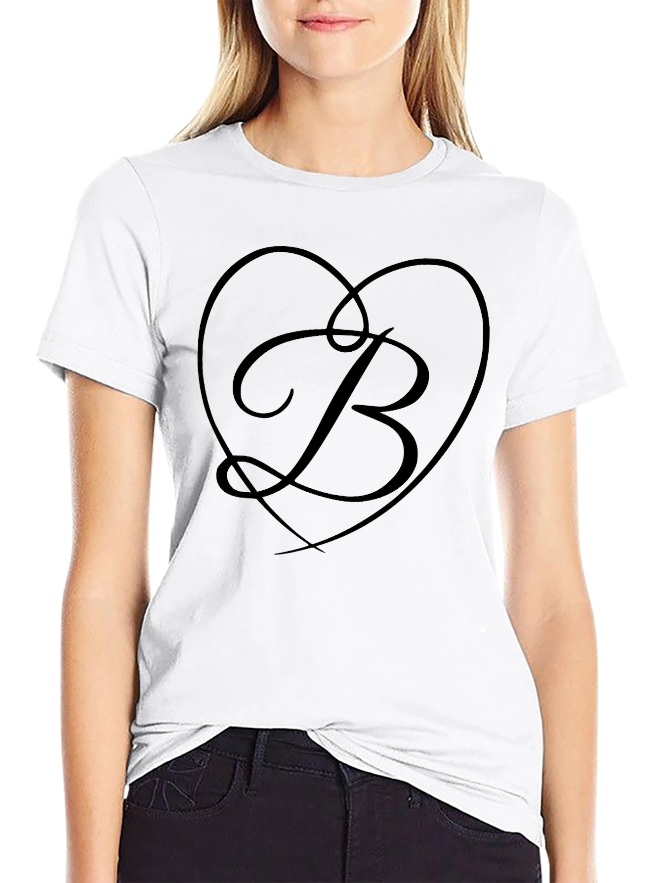 Elegant Black Tee with Heart Initial B Design