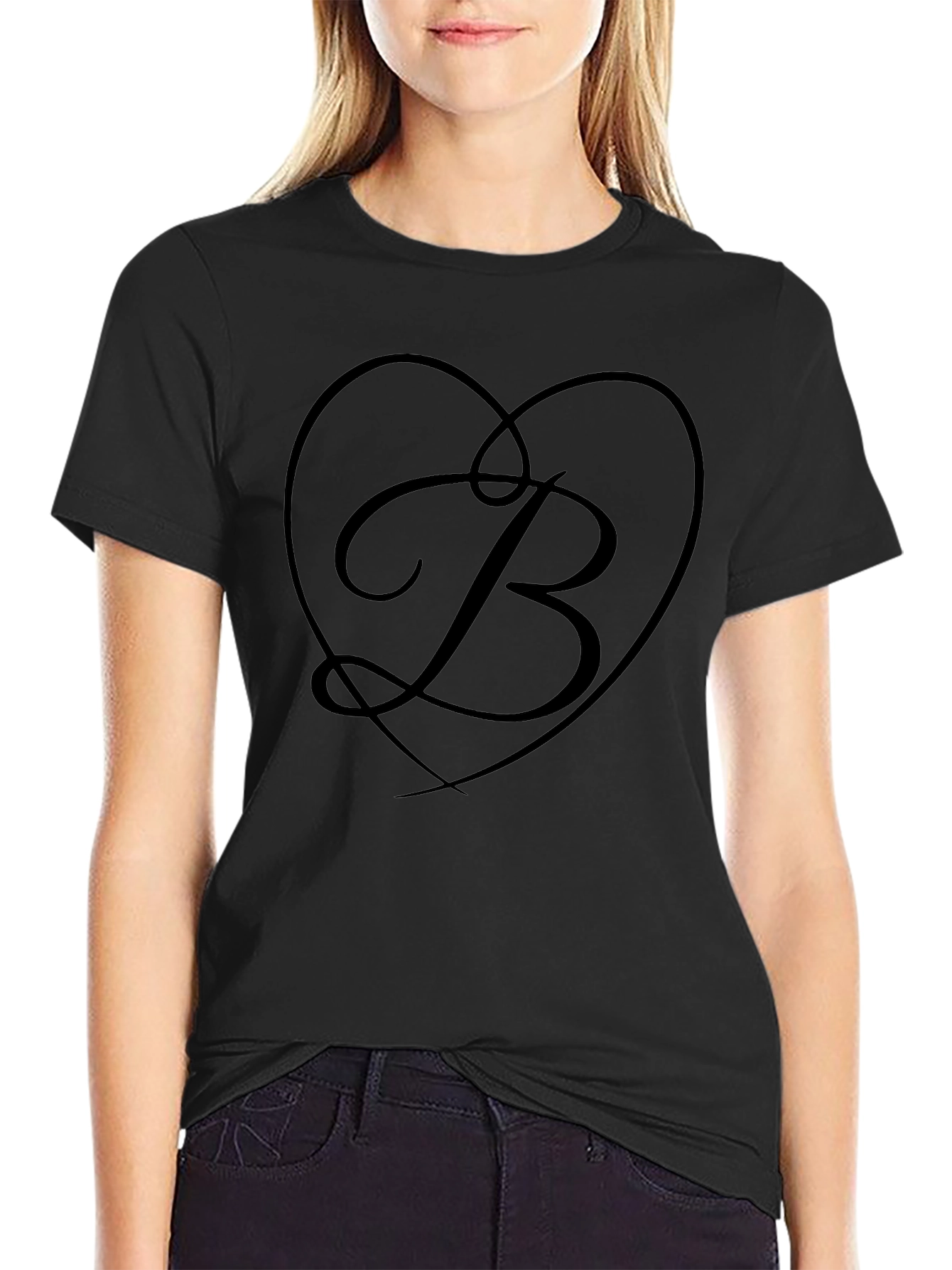 Elegant Black Tee with Heart Initial B Design