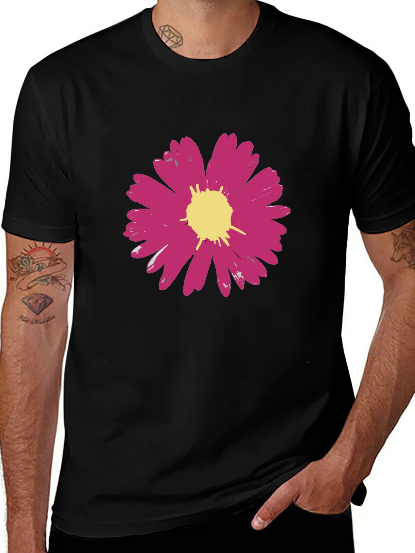 Pink Flower Graphic Black T-Shirt