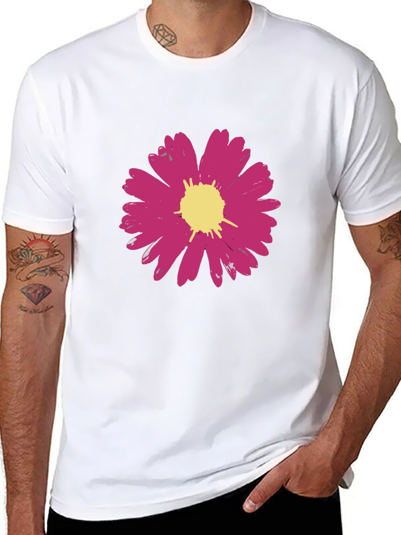 Pink Flower Graphic Black T-Shirt