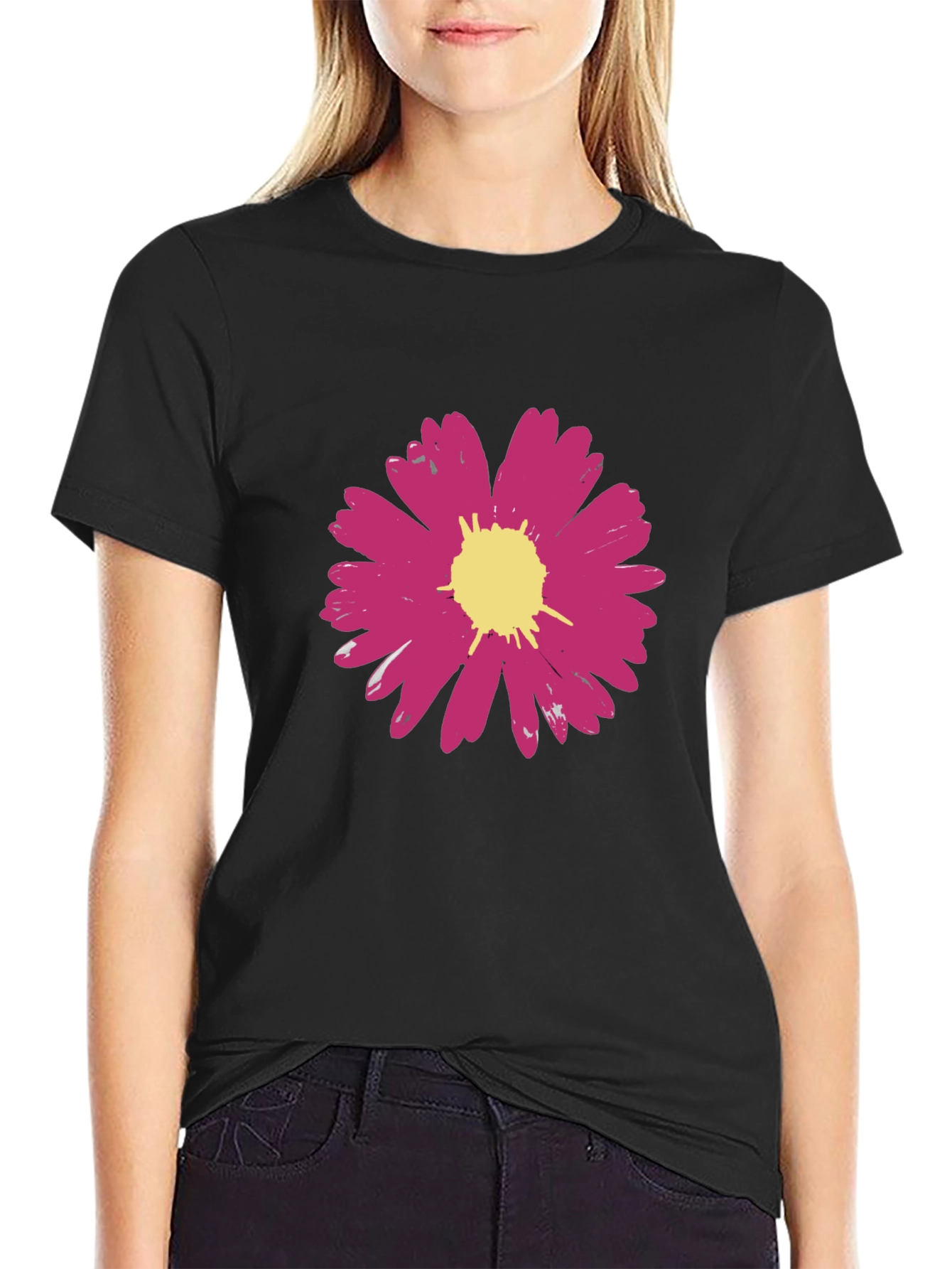 Pink Flower Graphic Black T-Shirt