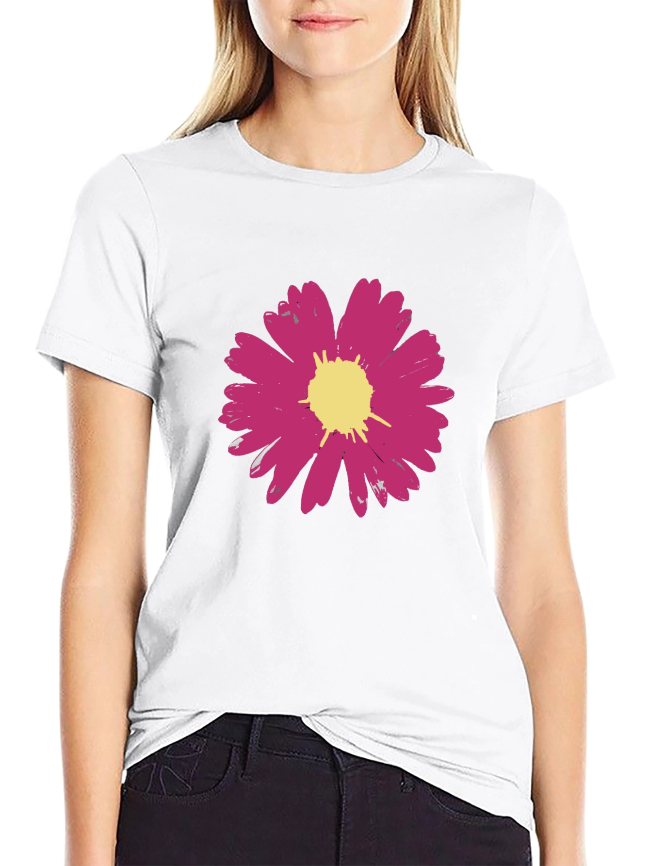 Pink Flower Graphic Black T-Shirt