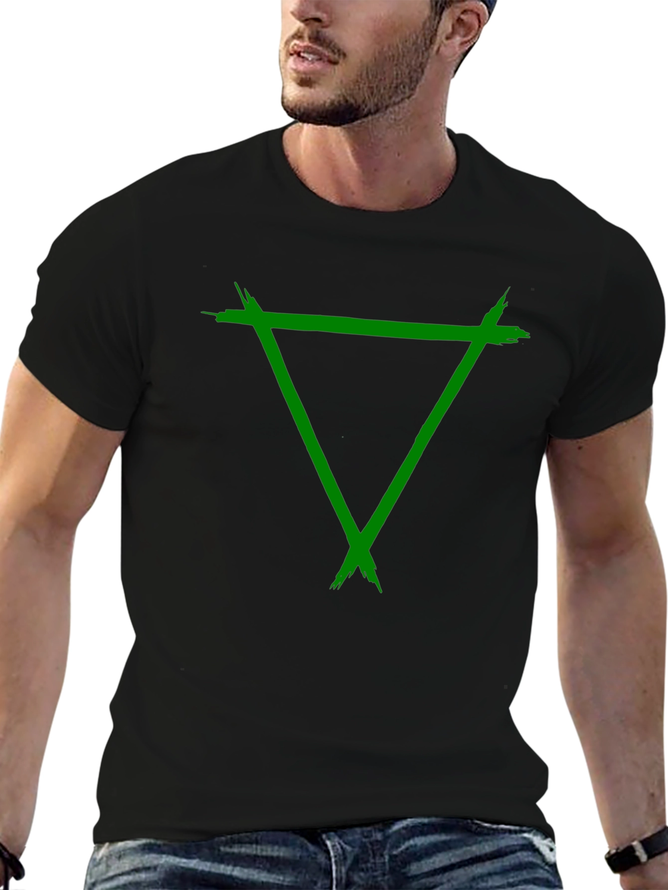 Green Triangle Graphic Black Tee Shirt