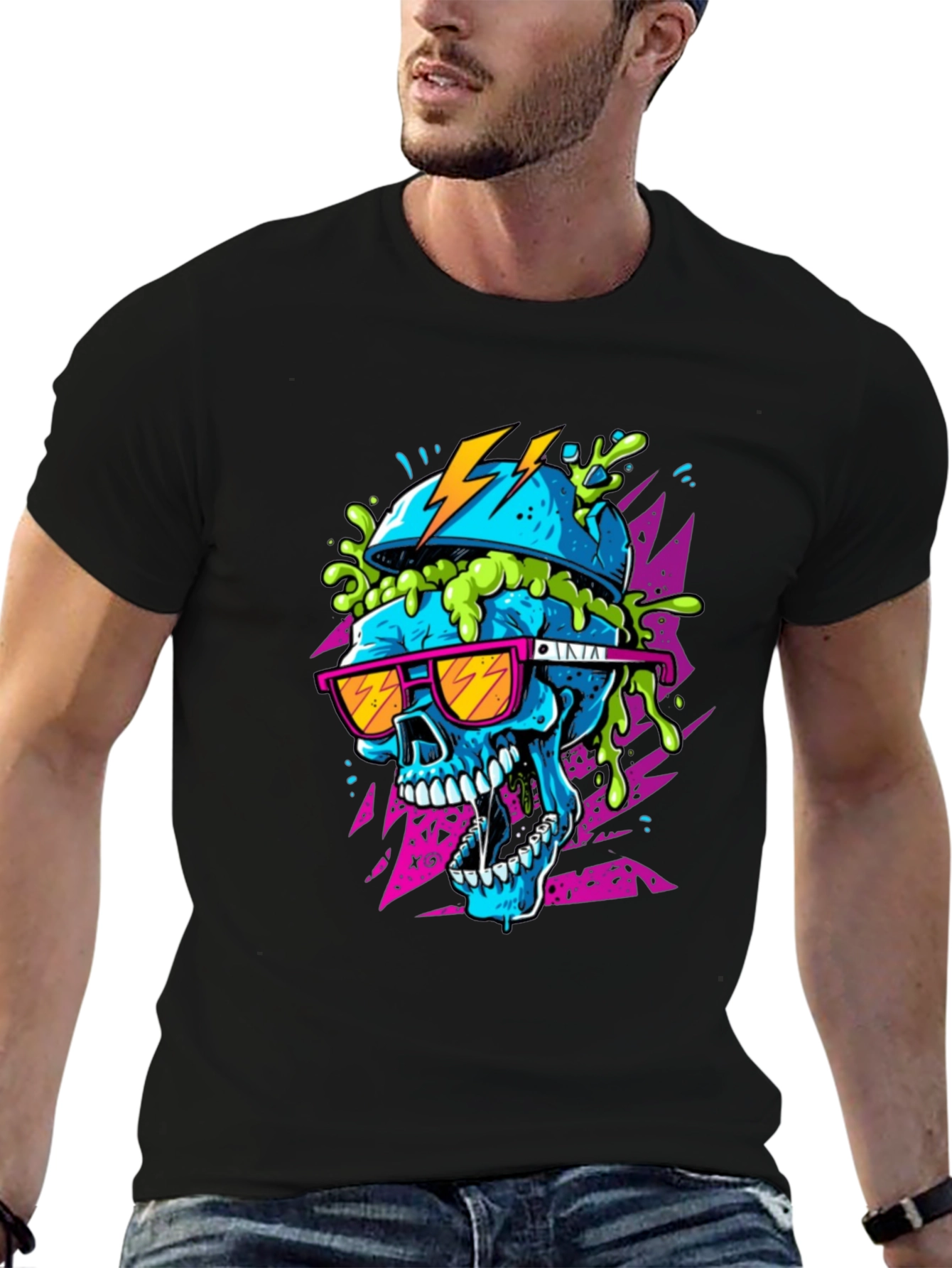 Neon Skull Graphic Tee - Black