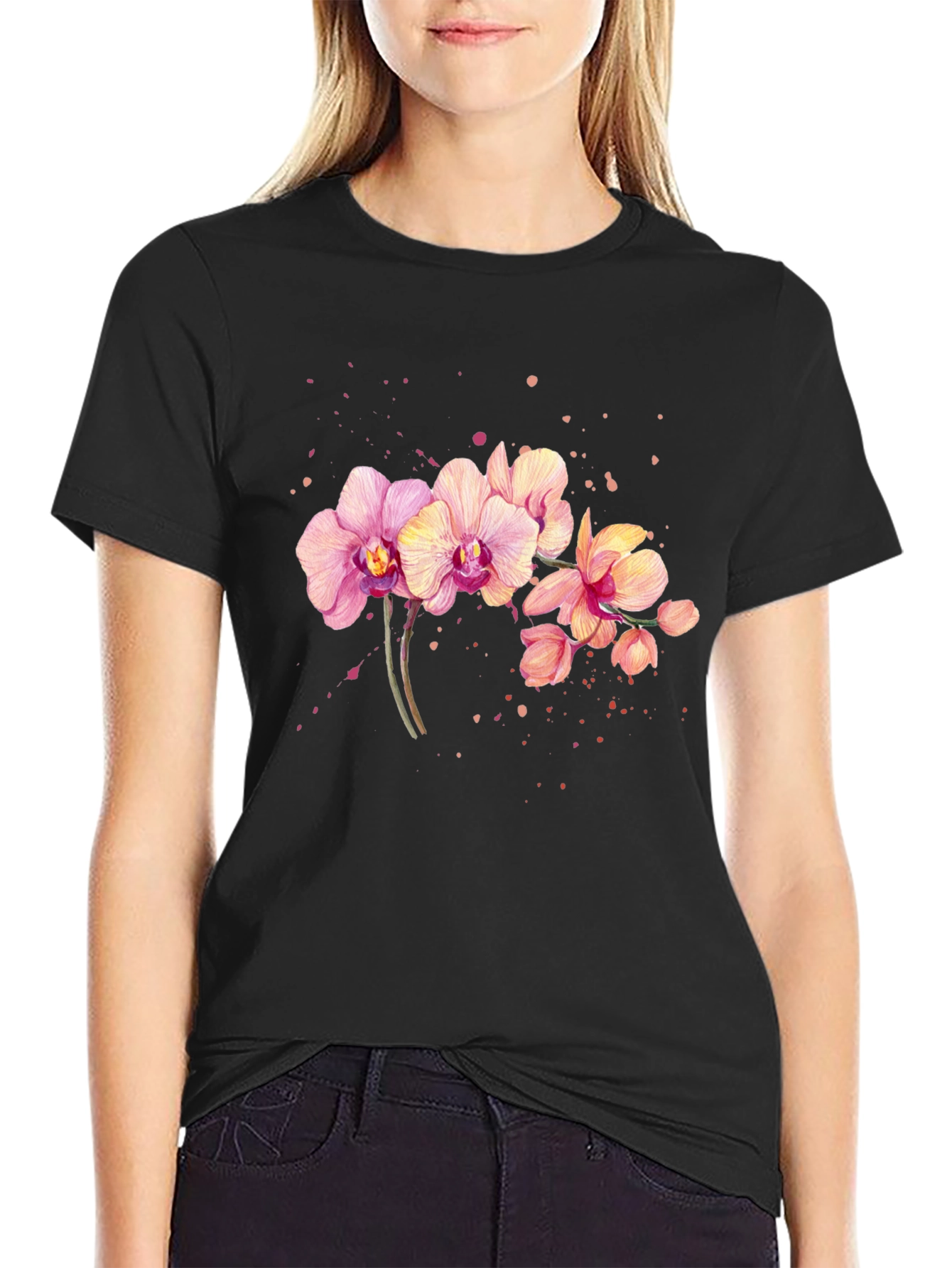 Orchid Floral Print Black T-Shirt