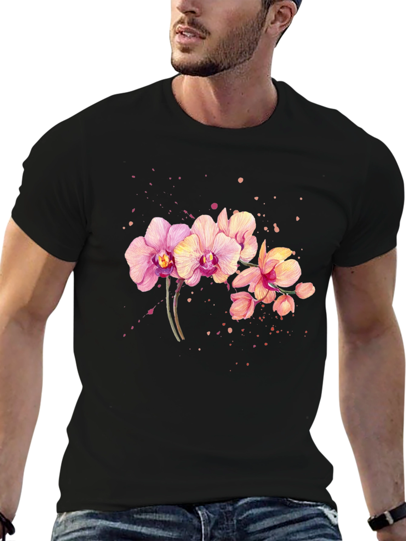 Orchid Floral Print Black T-Shirt