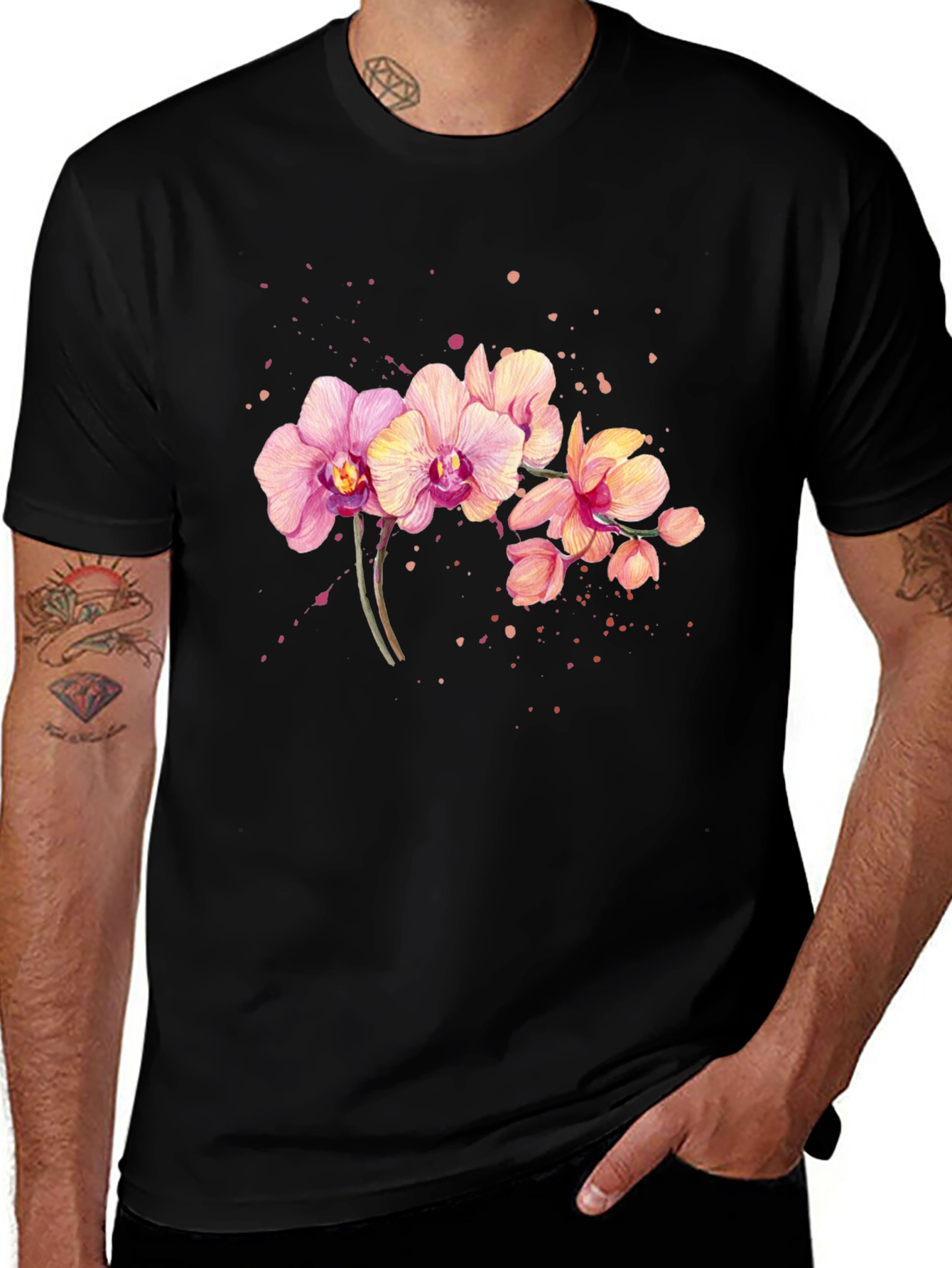 Orchid Floral Print Black T-Shirt