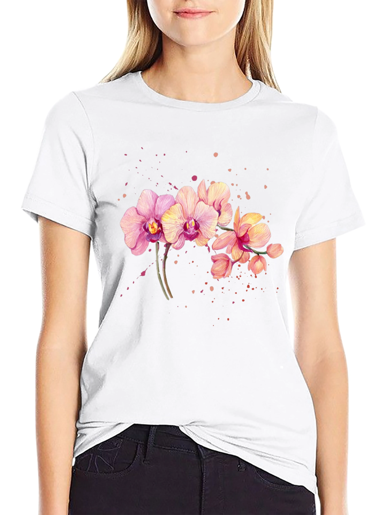 Orchid Floral Print Black T-Shirt