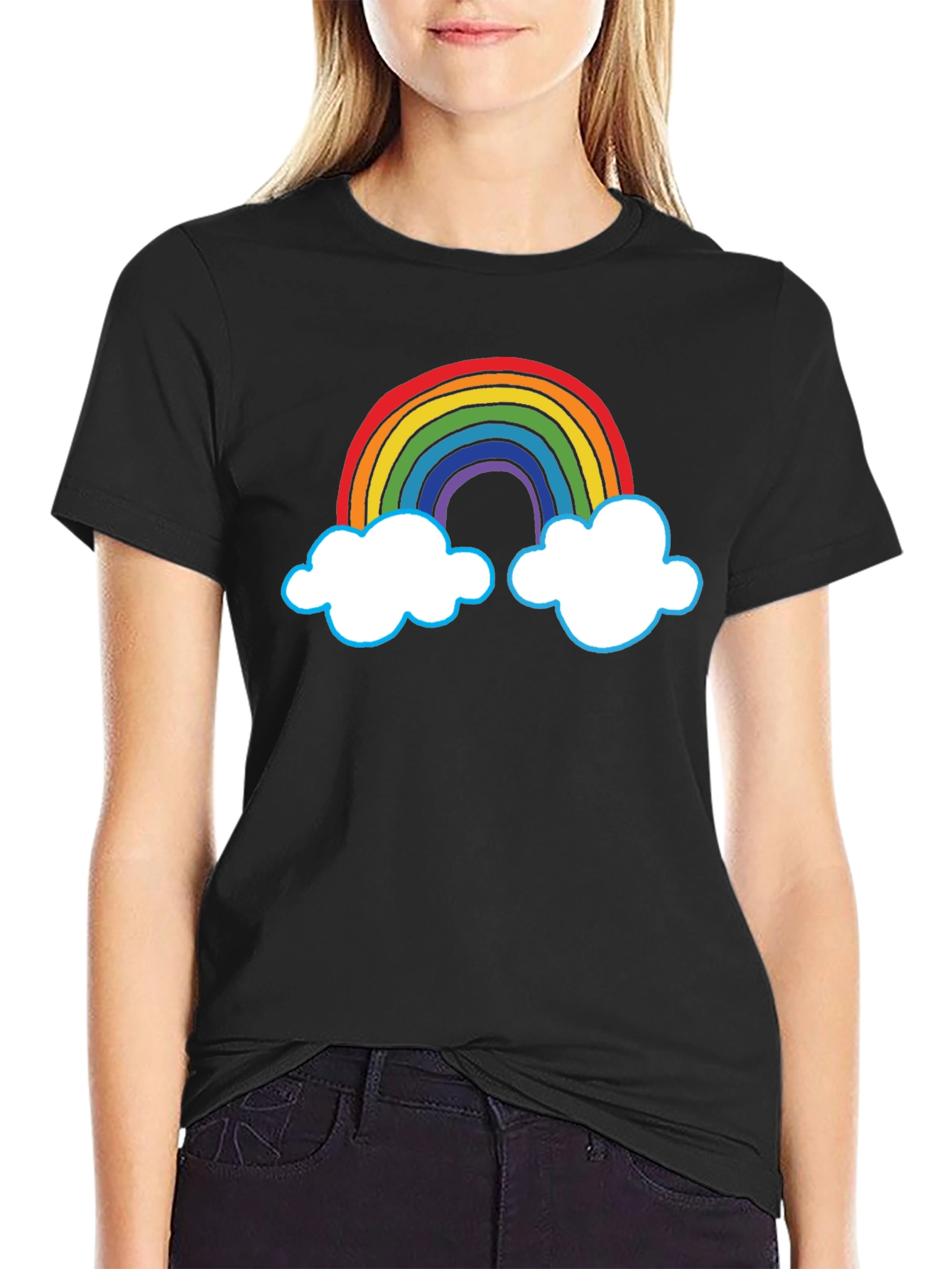 Rainbow Cloud Graphic Tee - Black Cotton T-Shirt
