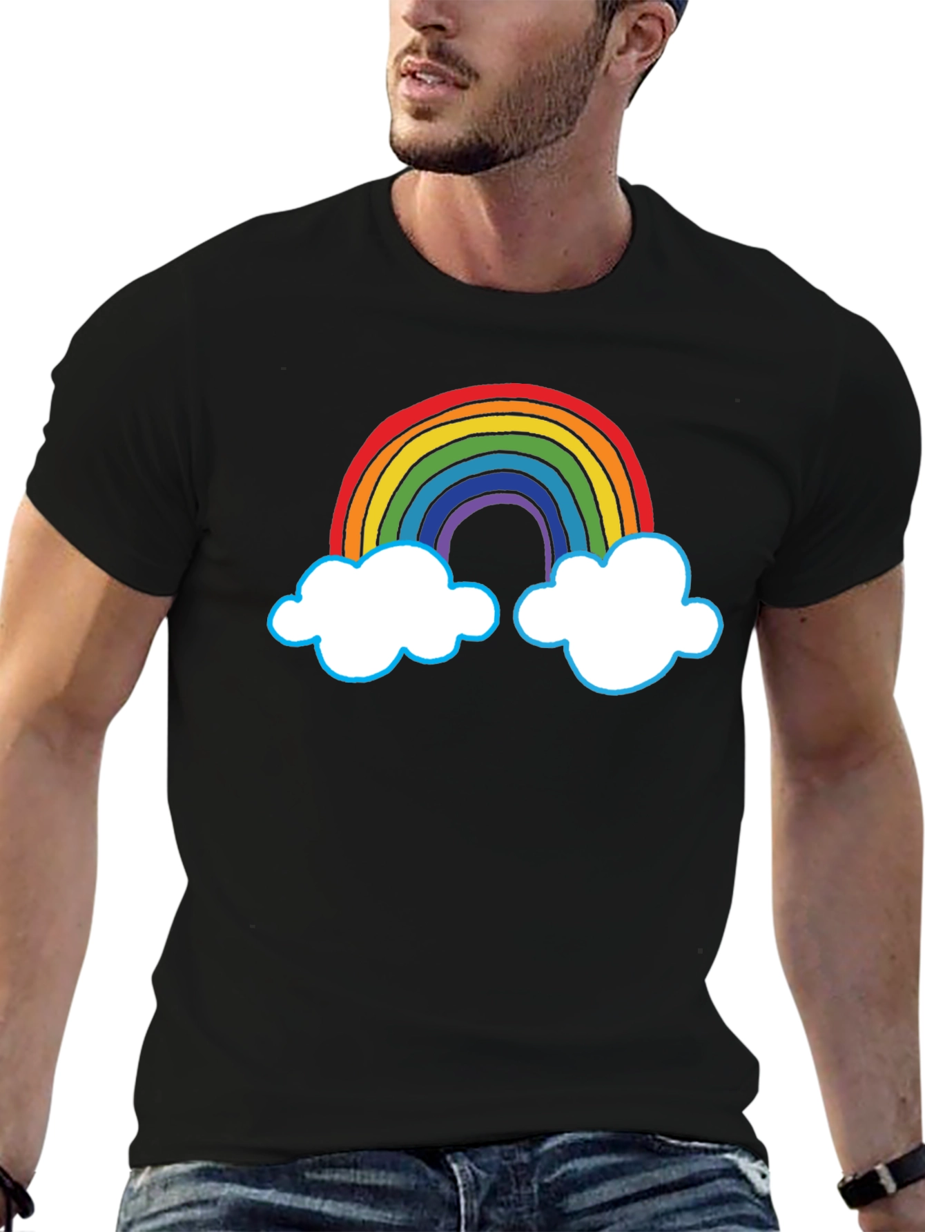 Rainbow Cloud Graphic Tee - Black Cotton T-Shirt