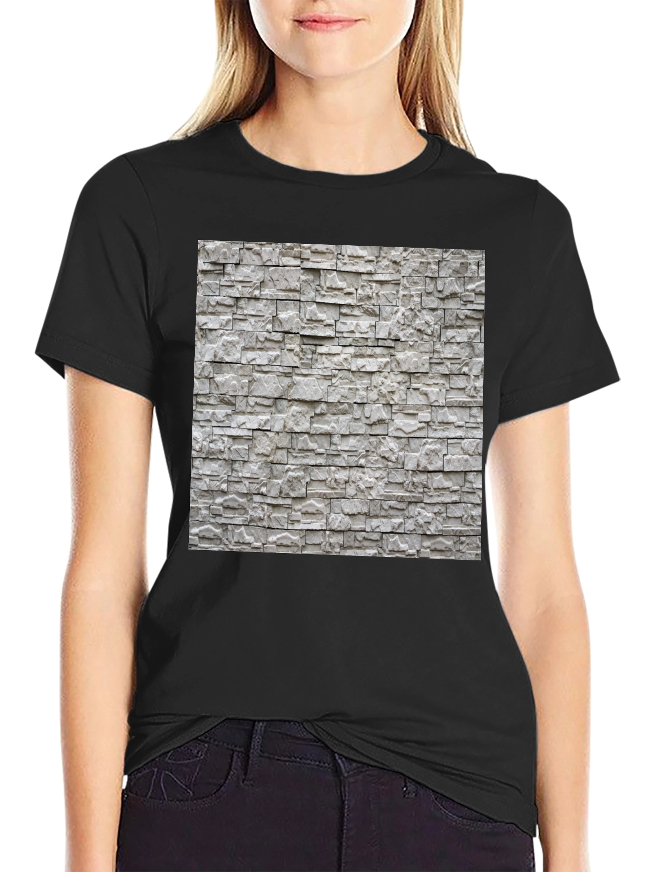 Stylish Stone Wall Print Black T-Shirt