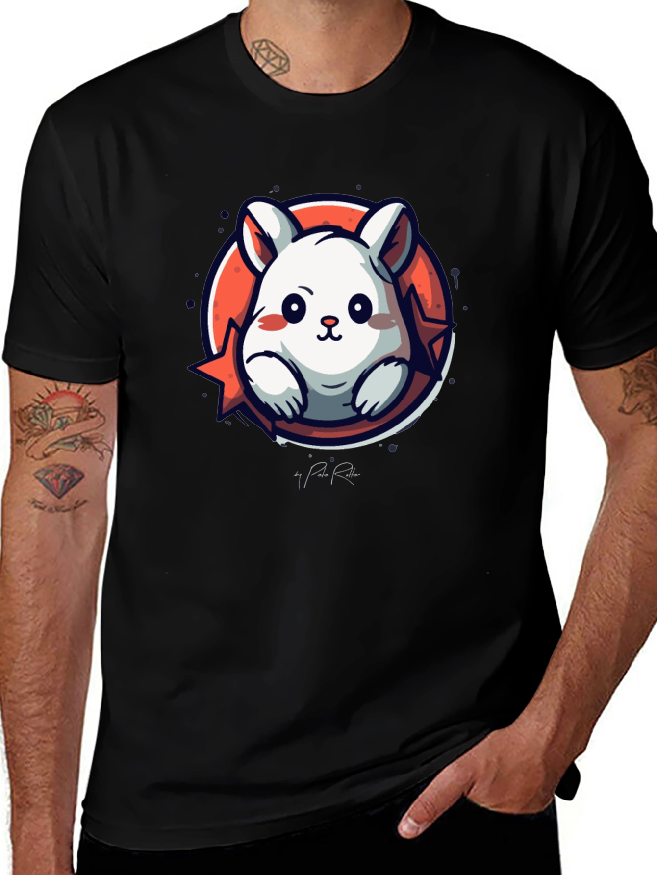 Cute Cartoon Rabbit Graphic Tee - Black