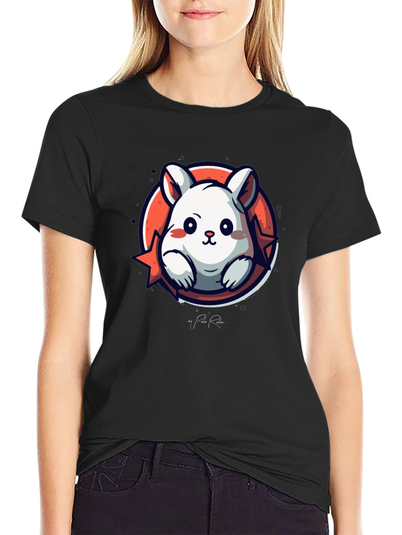 Cute Cartoon Rabbit Graphic Tee - Black