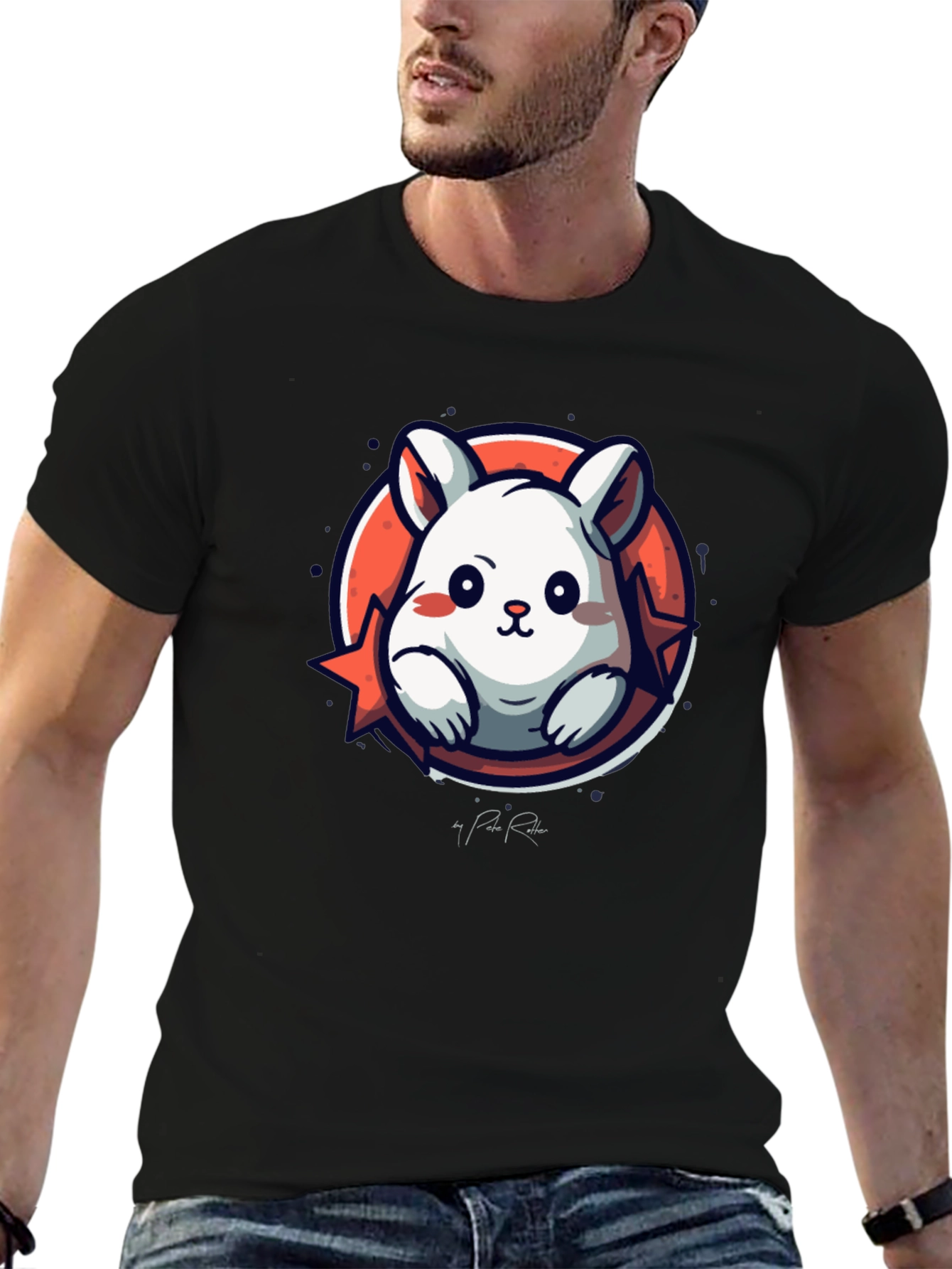 Cute Cartoon Rabbit Graphic Tee - Black