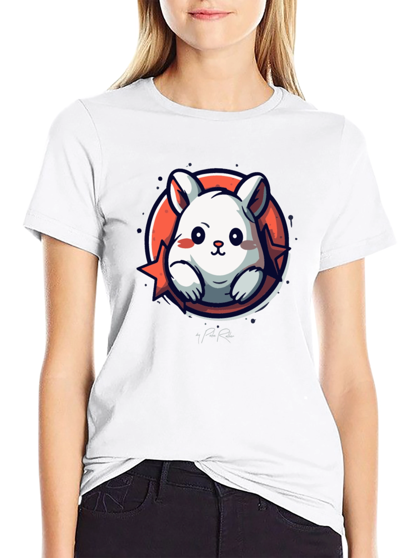 Cute Cartoon Rabbit Graphic Tee - Black