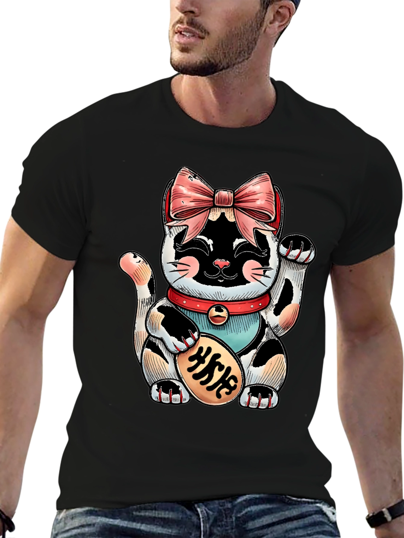 Lucky Cat Graphic Tee - Unisex Black T-Shirt