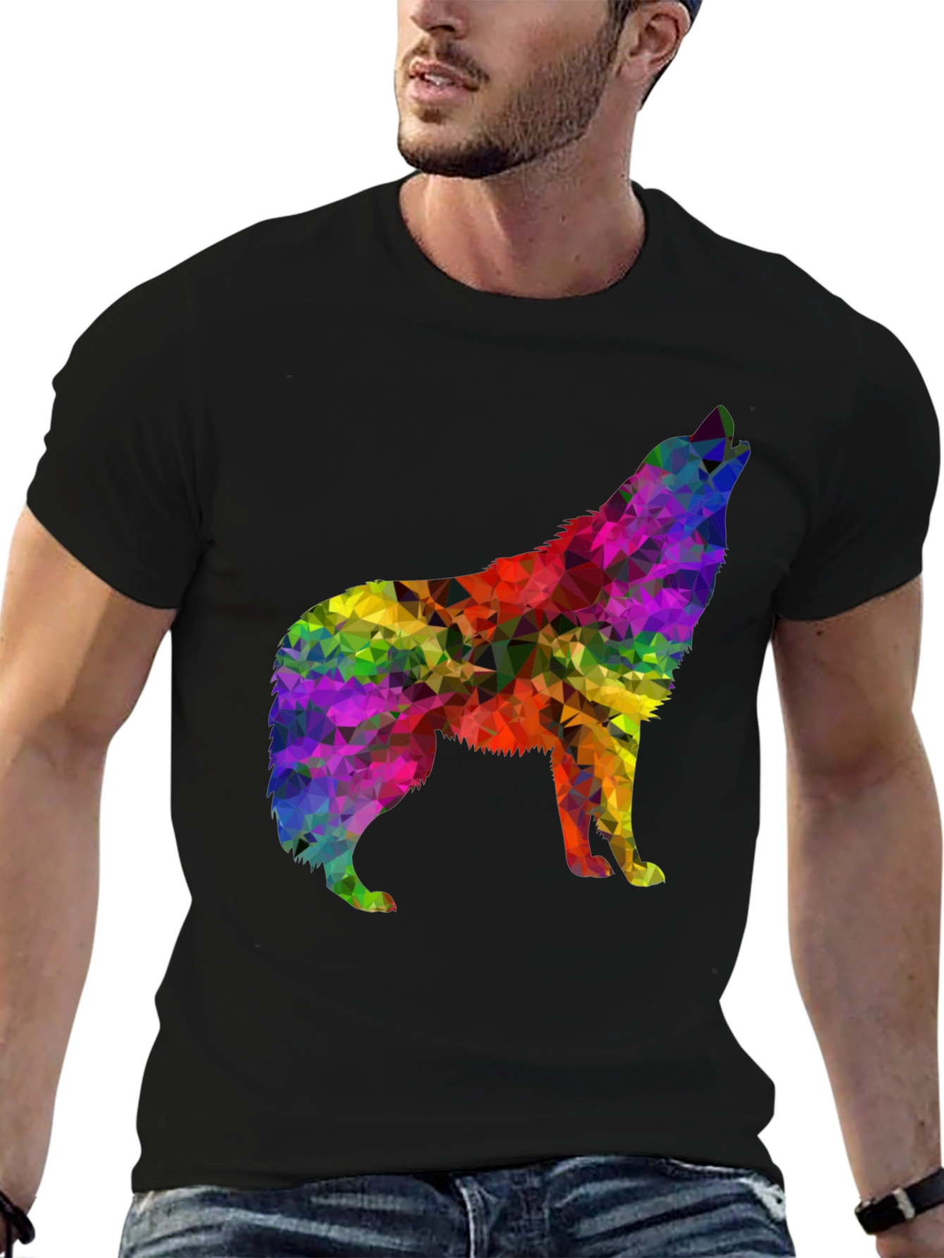 Rainbow Geometric Wolf Graphic Tee - Black